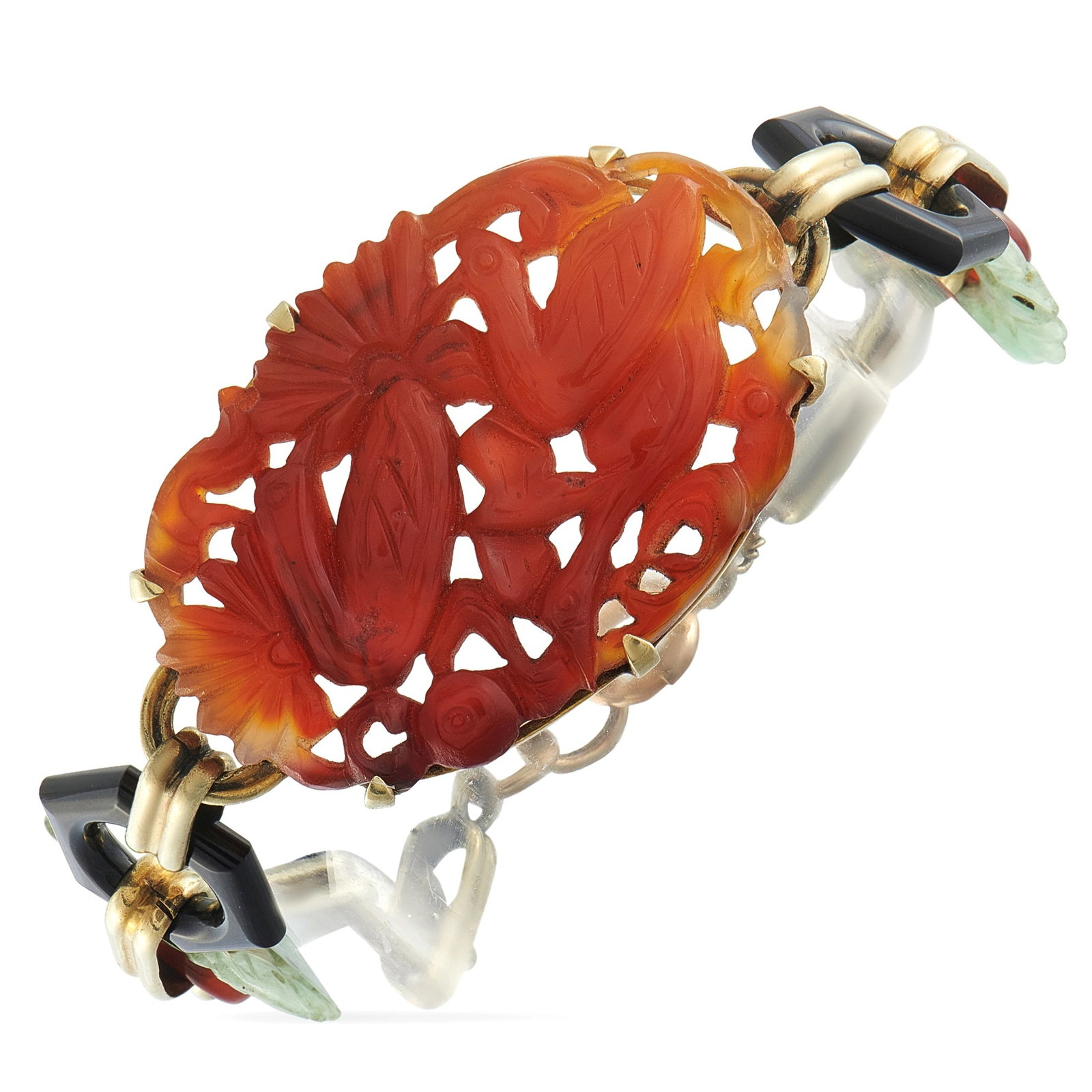 Vintage 14K Yellow Gold Carved Jade Bracelet: This luxury bracelet is filled with exquisite details. A carved Jade stone at the center features intricate floral motifs. Charms dangle delicately near the spring ring clasp closure, adding extra ele