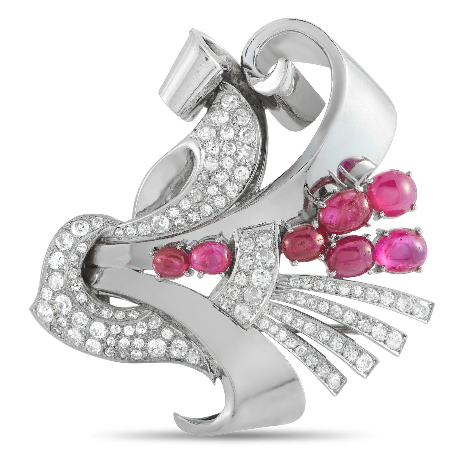 Platinum 2.10ct Diamond and Ruby Retro Brooch: Designed like a stylized bouquet or floral spray, this platinum brooch features large, sweeping curves of platinum that wind around a cluster of vibrant ruby cabochon buds. The contrast between the sm