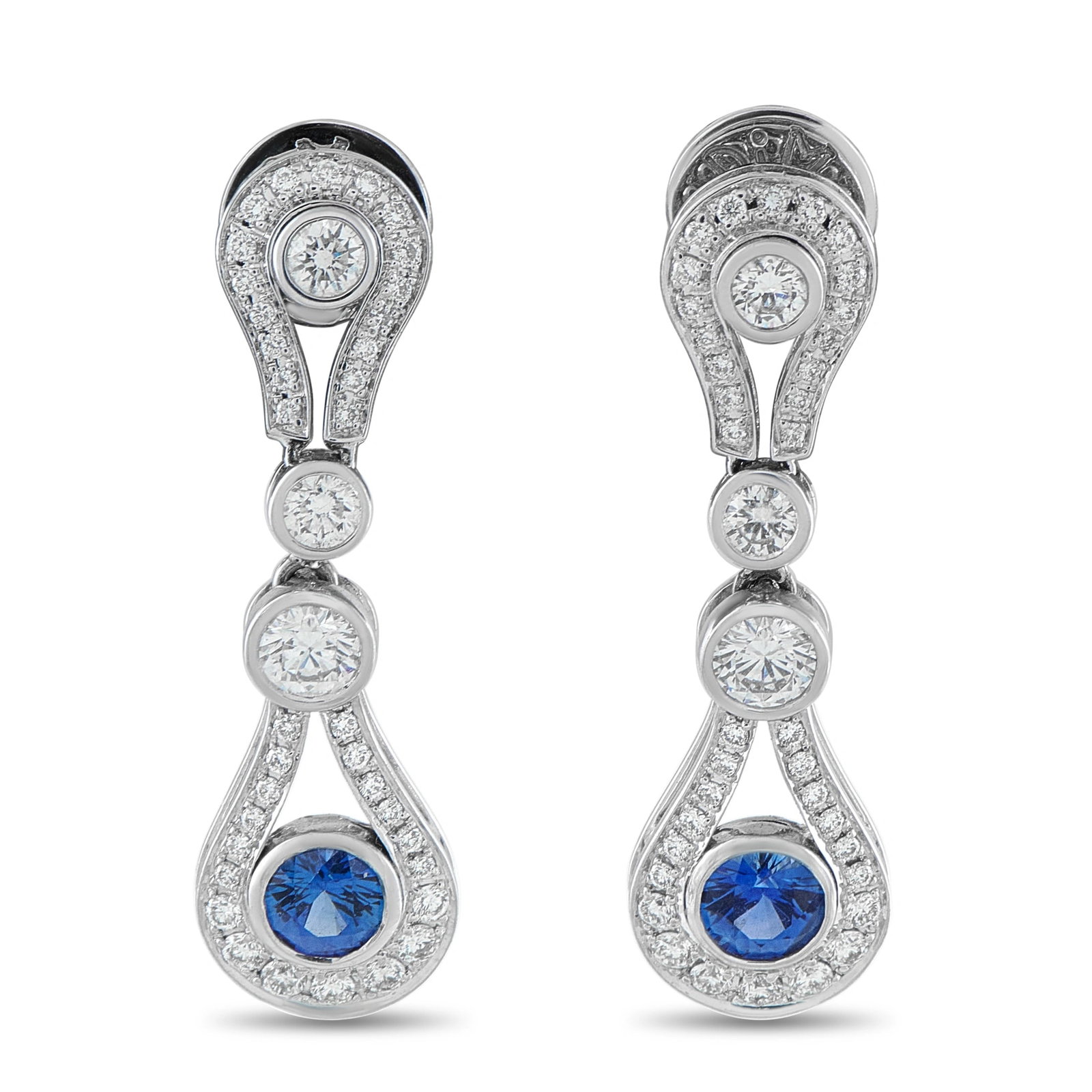 DI Modolo 18K White Gold 1.25ct Diamond and Sapphire Drop Earrings: Architectural and boldly sophisticated 18K white gold drop earrings by Di Modolo, the Italian luxury house celebrated for its sculptural gemstone designs. Each earring presents a three-part design: a 