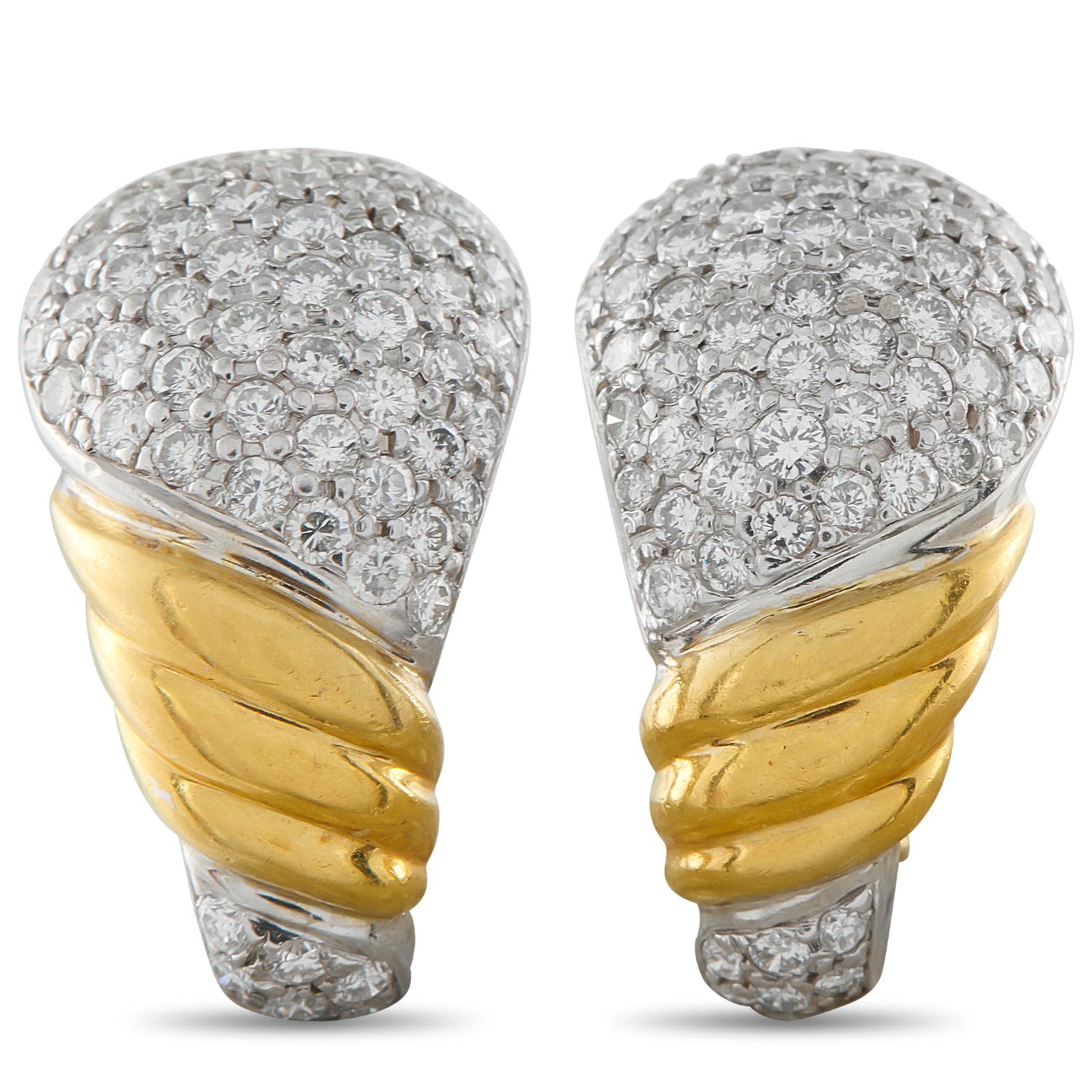18K White and Yellow Gold 2.77ct Diamond Clip: A classically elegant design means these earrings will never go out of style. Crafted from a combination of 18K White Gold and 18K Yellow Gold, inset Diamonds totaling 2.77 carats provide plenty of sp