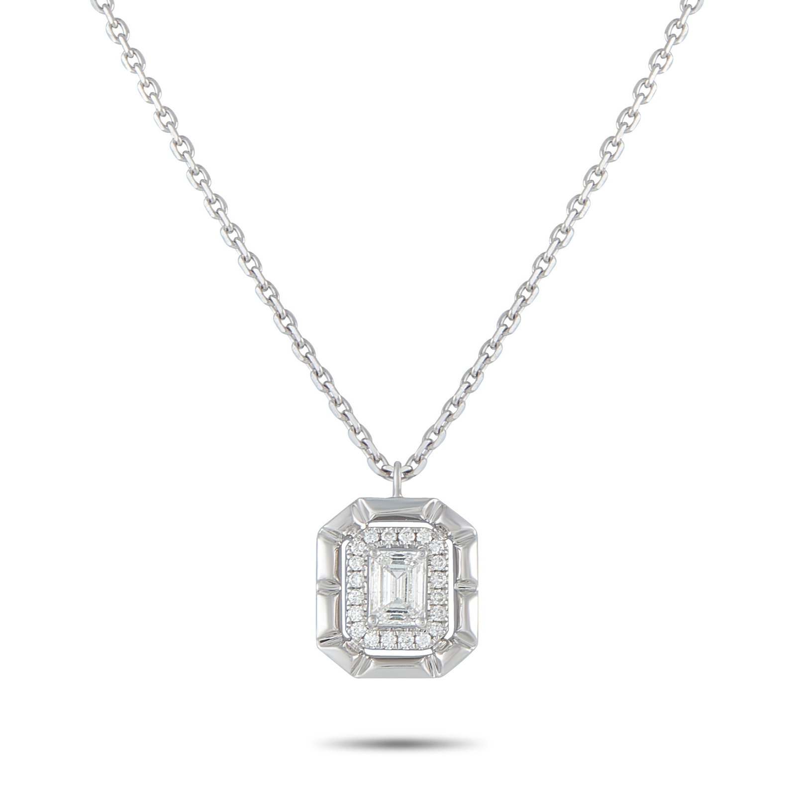 18K White Gold 0.62ct Diamond Pendant: A 0.50 carat Diamond makes a statement at the center of this exquisite necklace. Set in 18K White Gold, additional Diamond accents totaling 0.12 carats surround the center stone for additional sparkle