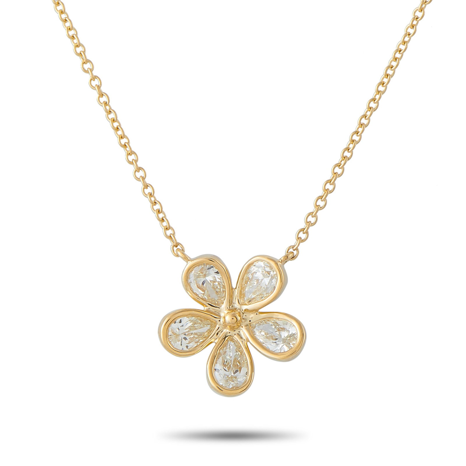 18K Yellow Gold 1.0ct Diamond Flower Necklace: This necklace offers elegance, charm, and sophistication. Diamonds with a total weight of 1.0 carats allow the flower shaped pendant to shine brightly every time it catches the light. Set in 18K Yello