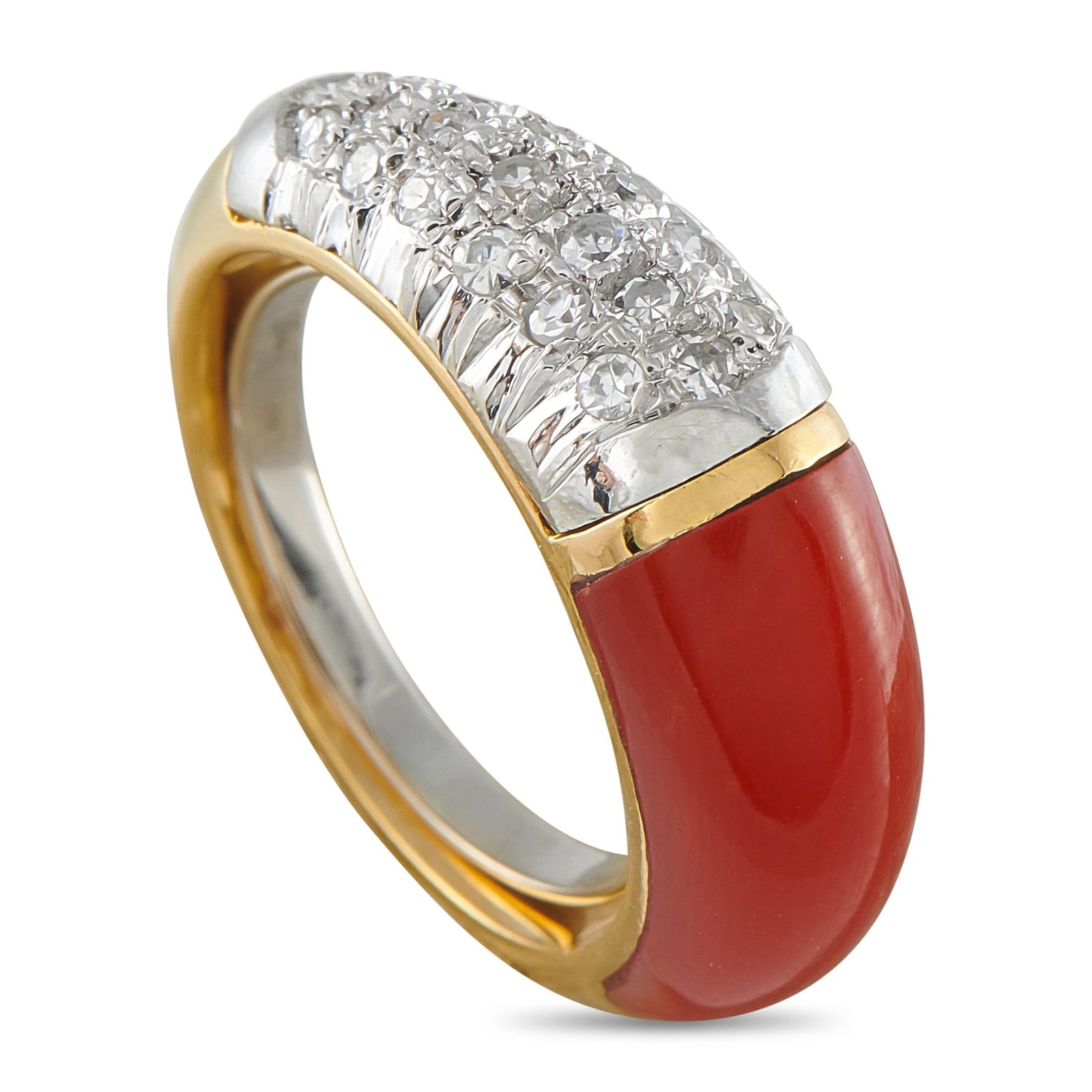 18K Yellow Gold 0.19ct Diamond and Carnelian Ring: A bold Italian-crafted ring in 18K yellow gold, showcasing a curved orange-red carnelian panel crowned by a white gold dome pave-set with round brilliant diamonds totaling 0.19 ct. The warm stone and 