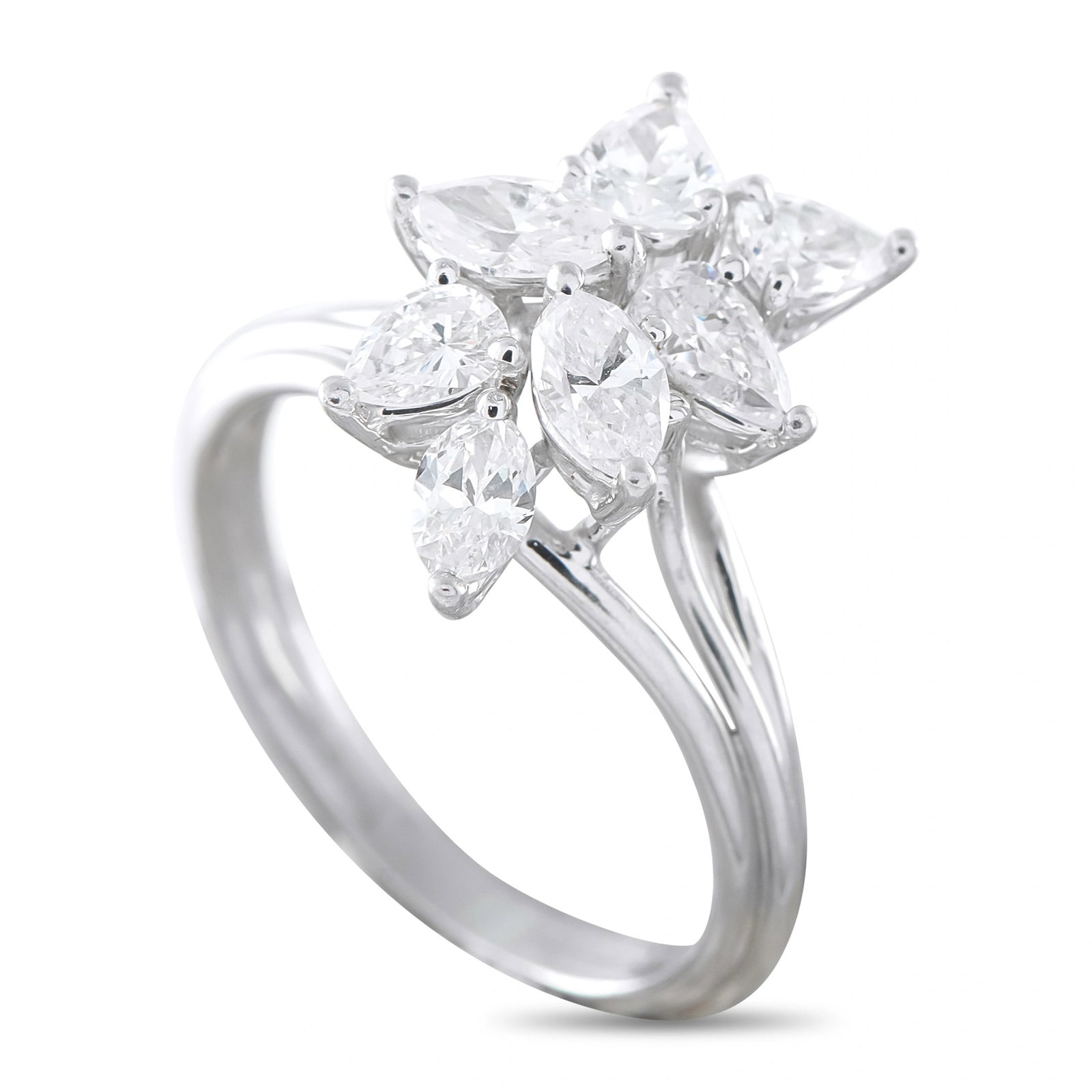 Platinum 2.40ct Diamond Cocktail Ring: A cluster of marquise cut Diamonds totaling 2.40 carats allow this cocktail ring to shine brightly from every angle. Bold and incredibly chic, the simple Platinum setting allows the central