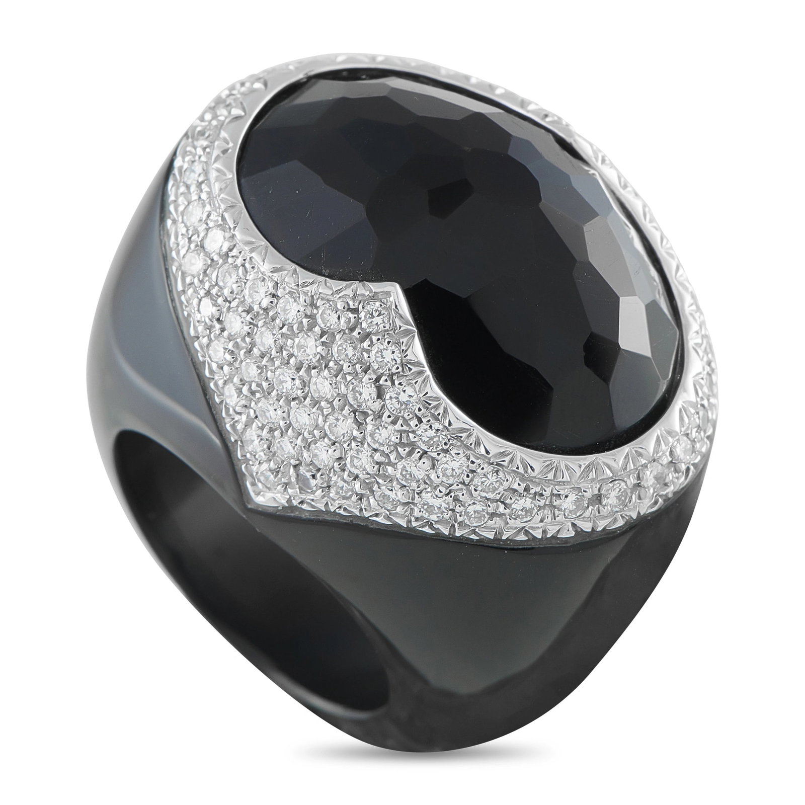 18K White Gold 1.70ct Diamond and Onyx Dome Cocktail Ring: A dramatically bold sculptural cocktail ring featuring a massive carved black onyx dome that forms the entire body of the ring, its deep lacquer-black surface inlaid at the top with a sweeping 18K whi