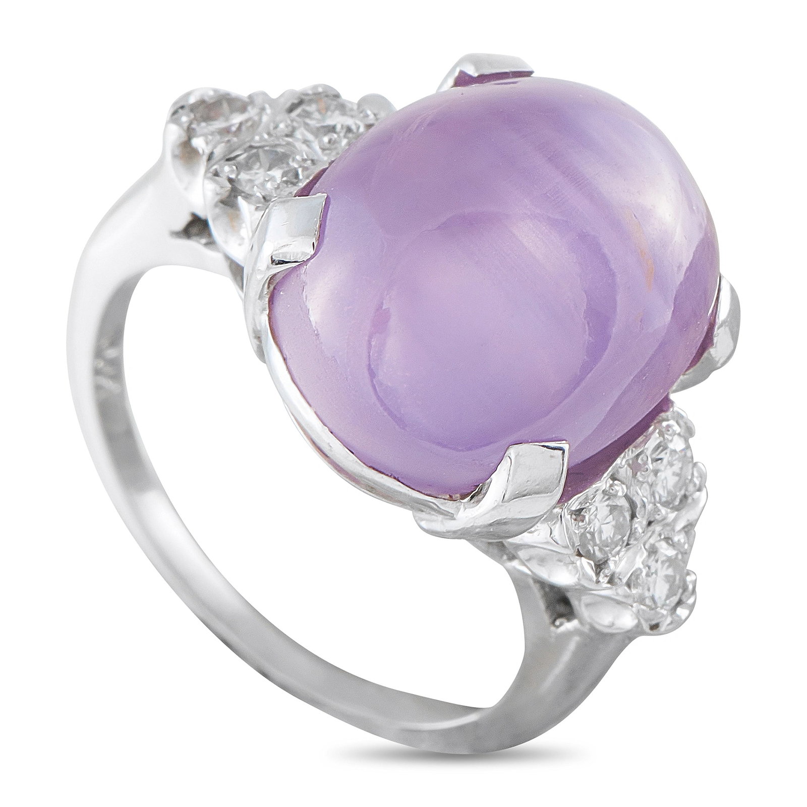 14K White Gold 0.20ct Diamond and Lavender Sapphire Cocktail Ring: A striking cocktail ring in 14K white gold, centering a large round cabochon lavender sapphire of approximately 12.0 ct, set in a four-prong open mounting. Flanking the center stone on each shoulder a