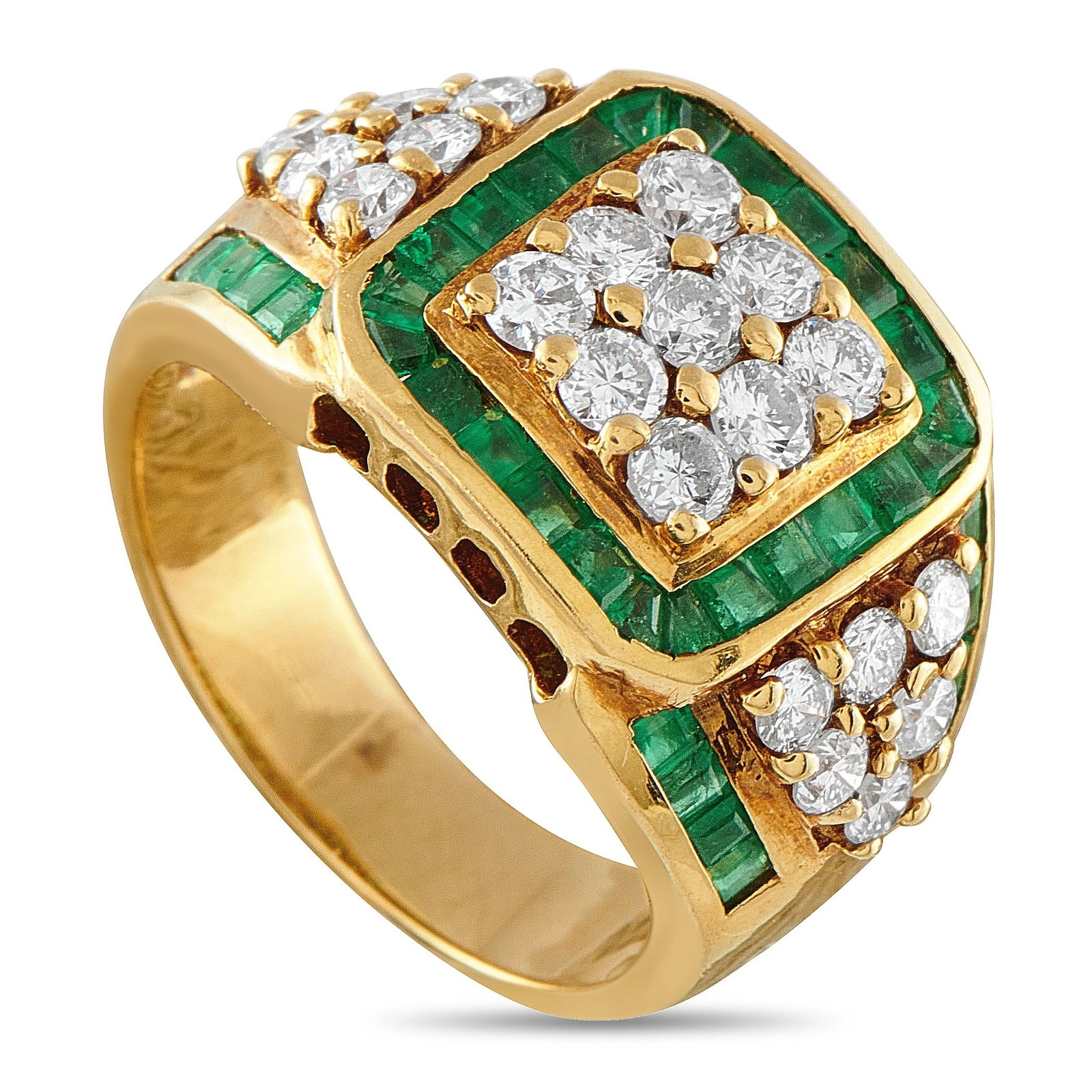 18K Yellow Gold 1.05ct Diamond and Emerald Cocktail Ring: A bold cocktail ring in 18K yellow gold, featuring a square top set with a cluster of round brilliant diamonds totaling approximately 1.05 carats, bordered by a frame of calibré-cut emeralds