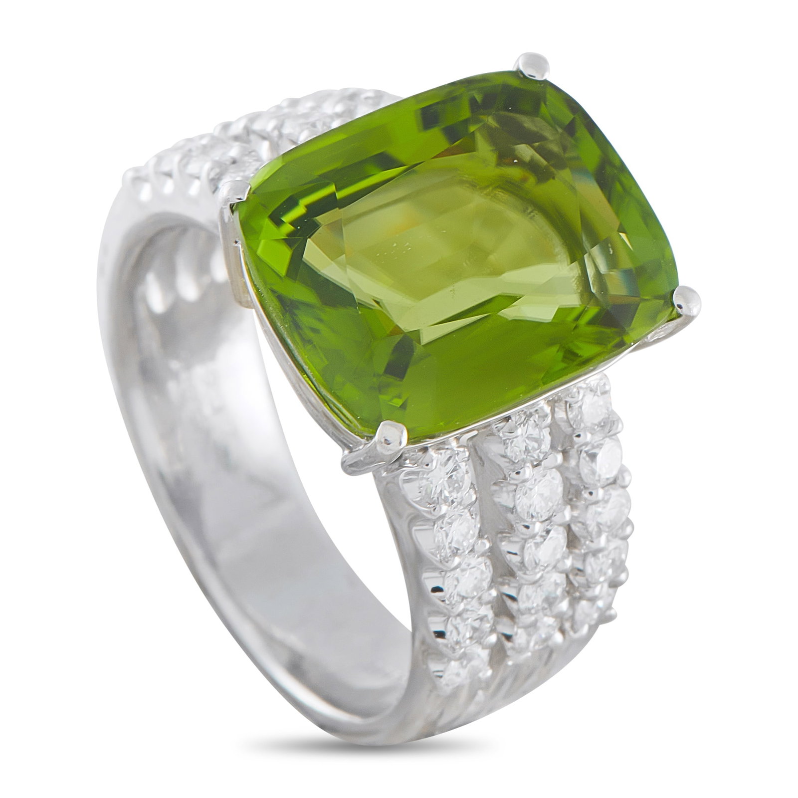 Platinum 0.91ct Diamond and Peridot Ring: This luxury ring is a colorful piece that will elevate any jewelry collection. The Platinum setting shines to life thanks to sparkling inset Diamonds totaling 0.91 carats. At the center, a 9.85 carat 