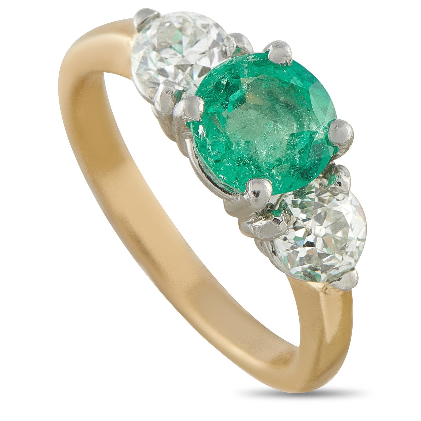 18K Yellow Gold 1.10ct Diamond and Emerald Ring: This luxury ring is simple, elegant, and ideal for everyday wear. A 1.50 carat Emerald makes a statement at the center, while old European Diamond accents totaling 1.10 carats allow it to effortlessly