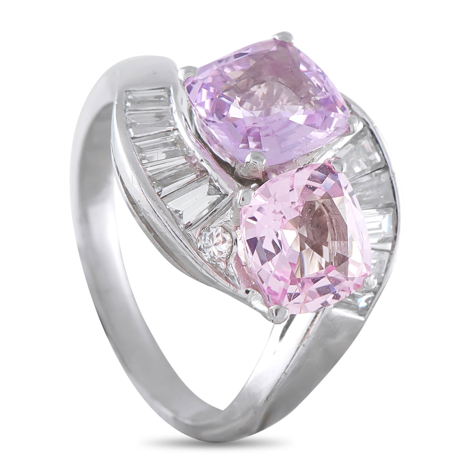Platinum 0.90ct Diamond and Sapphire Ring: A curved Platinum setting provides this luxury ring with a stunning sense of movement. Simple and elegant, it features two pink Sapphire center stones with a total weight of 3.60 carats surrounded by 