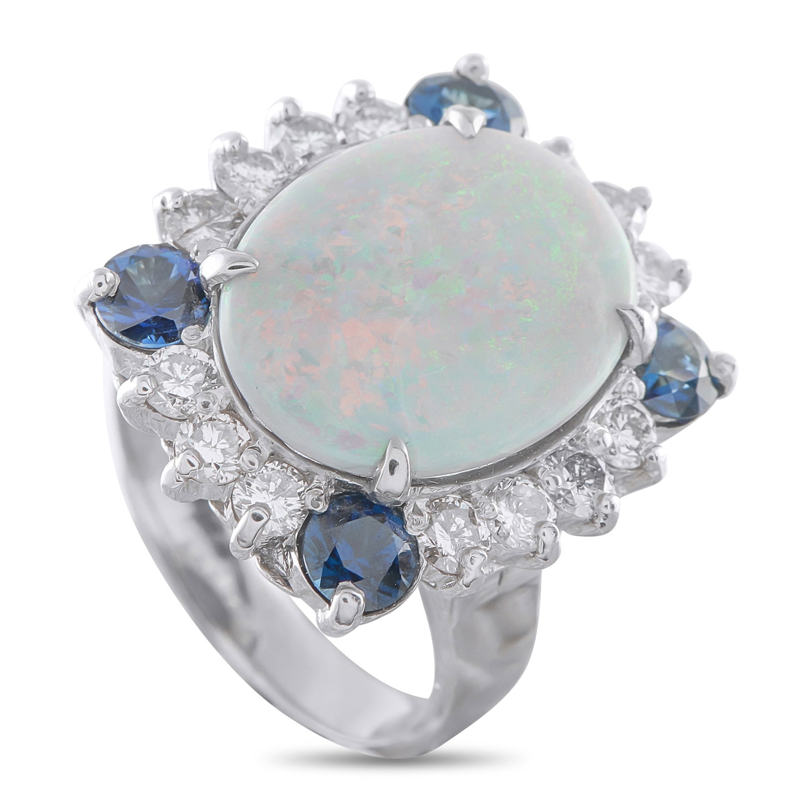 14K White Gold 1.40ct Diamond and Opal Ring: A fiery 5.0 carat Opal makes this luxury ring instantly captivating. The dazzling center stone is surrounded by Diamond accents totaling 1.40 carats, which provide this piece with color, sparkle, and 