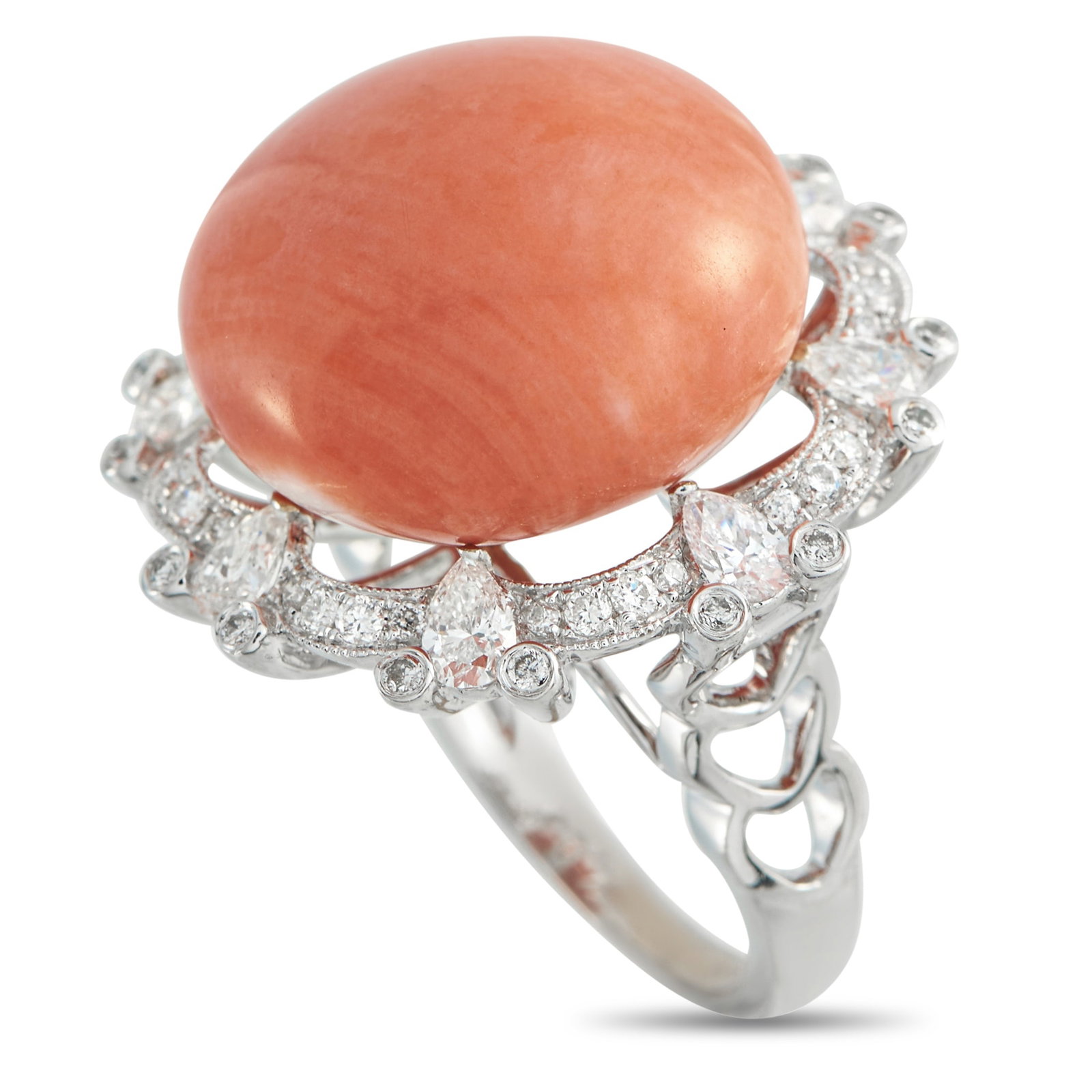 18K White Gold 1.87ct Diamond and Coral Ring: An intricate 18K White Gold setting makes this luxury ring incredibly delicate. On this exciting accessory, sparkling Diamonds accents with a total weight of 1.87 carats surround the vibrant Coral cen