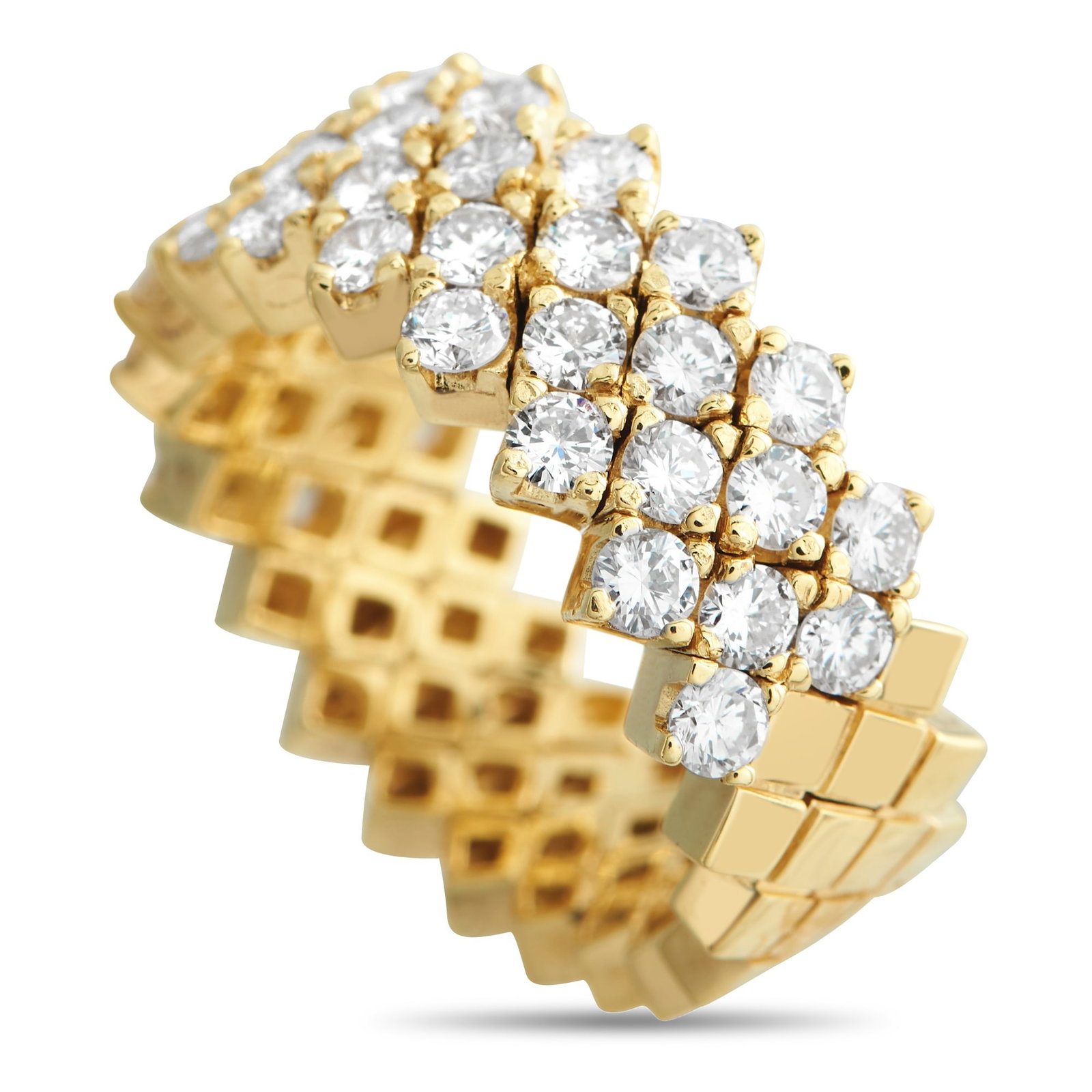 18K Yellow Gold 1.25ct Diamond Grid Ring: A graphic and rhythmic piece to add to your collection. This yellow gold ring features square clusters in a grid-like arrangement, giving the entire 6mm band a tactile and faceted presence. Round diam