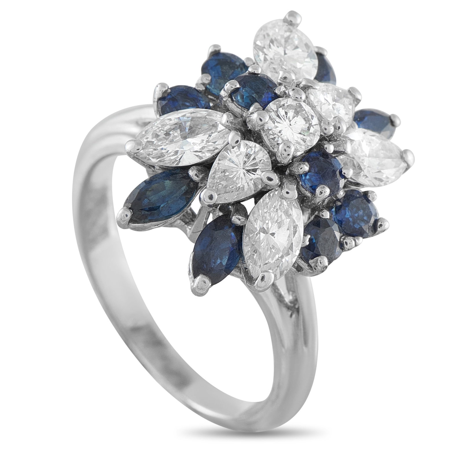 18K White Gold 2.0ct Diamond and Sapphire Ring: Diamonds with a total weight of 2.0 carats and Sapphires totaling 0.85 carats come together in perfect harmony on this exquisite luxury ring. Set in 18K White Gold, the dynamic design makes it an eye-