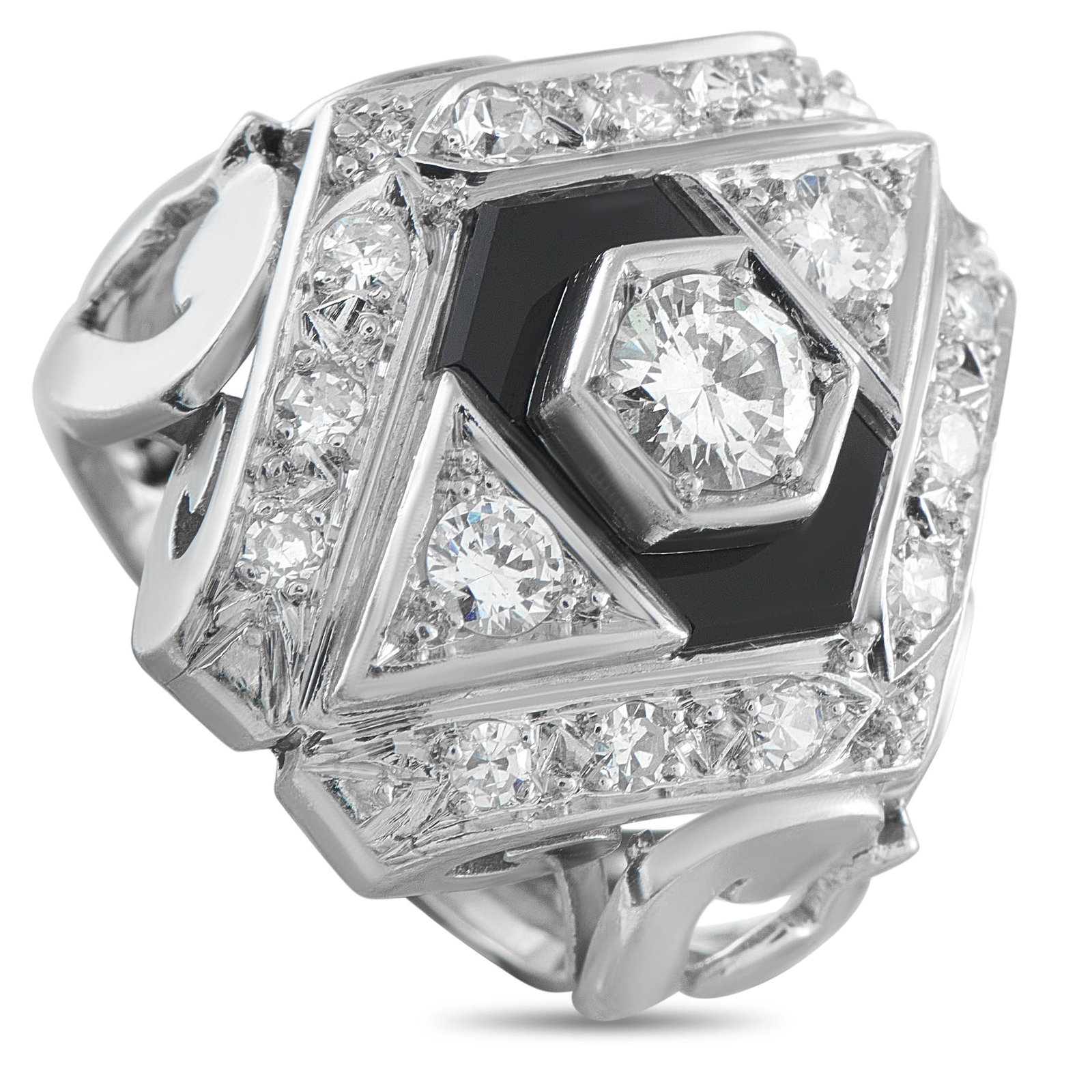 18K White Gold 1.20ct Diamond Ring: A ring of controlled presence. Geometry leads this 18k white gold ring, where strong lines, defined angles, and tone contrast shape the entire face. At its center is a round diamond on a raised hexago