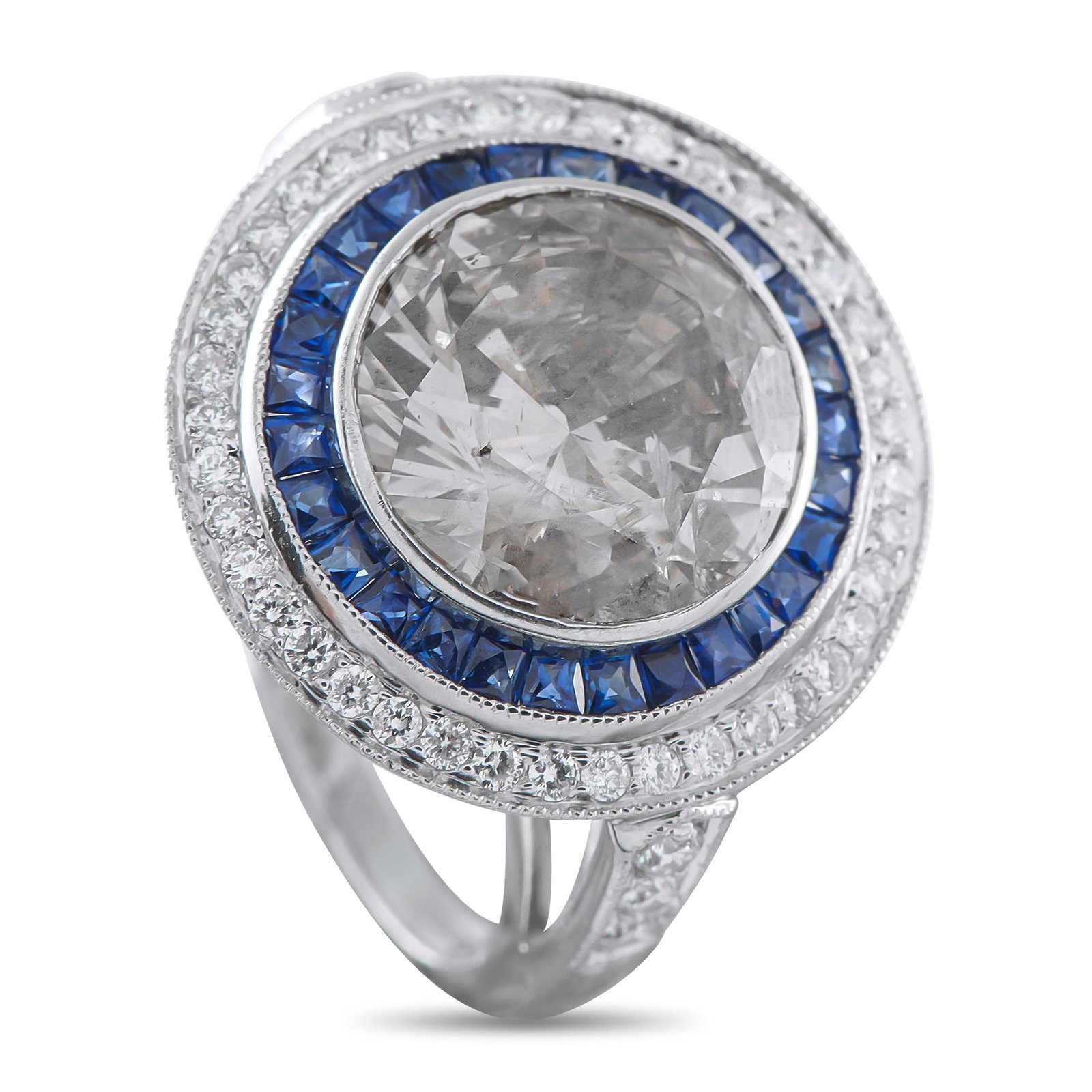 Platinum 6.17ct Diamond and Sapphire Ring: A stunning combination of colors and textures makes this ring unlike anything you’ve seen before. At the center, a brown 5.82 carat Diamond with I1 clarity offers contemporary sophistication.