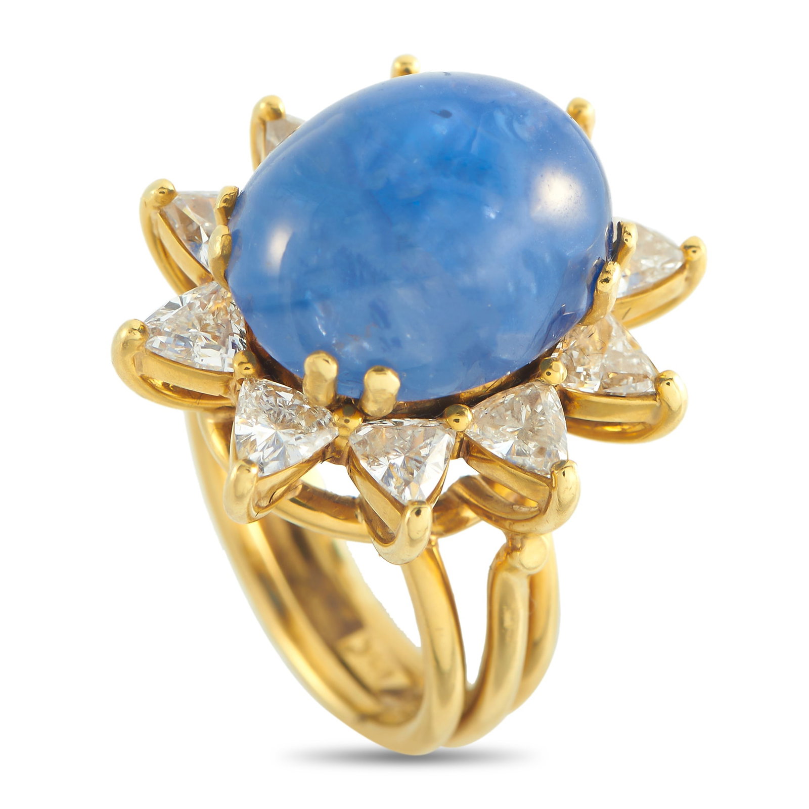 18K Yellow Gold 2.50ct Diamond and Sapphire Ring: On this exquisite luxury ring, triangular Diamonds with a total weight of 2.50 carats surround a 18.83 carat Sapphire cabochon. Crafted from 18K Yellow Gold, the unique design will continually make a