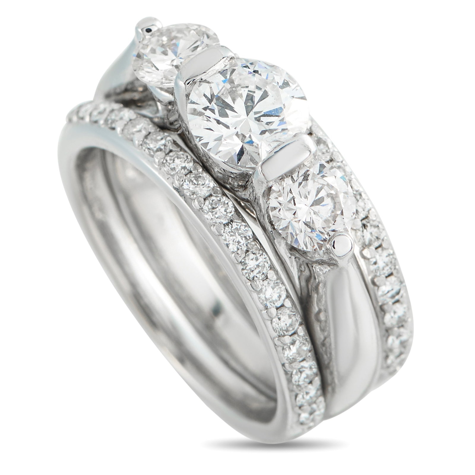 14K White Gold 1.64ct Diamond 3-Row Ring: Three diamond-set bands come together in this 14K white gold ring, forming a wide top that spans 8x20mm across the finger. The outer bands serve as clean, linear borders, each defined by a line of dia
