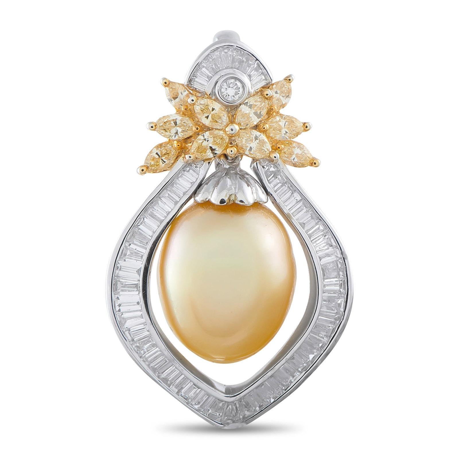 18K White and Yellow Gold 3.0ct Diamond and Pearl Pendant: This luxury pendant is simply exquisite. A luminous golden Pearl measuring 13mm x 15.5mm is suspended at the center of the openwork setting, which is crafted from a combination of 18K White Gold and 1