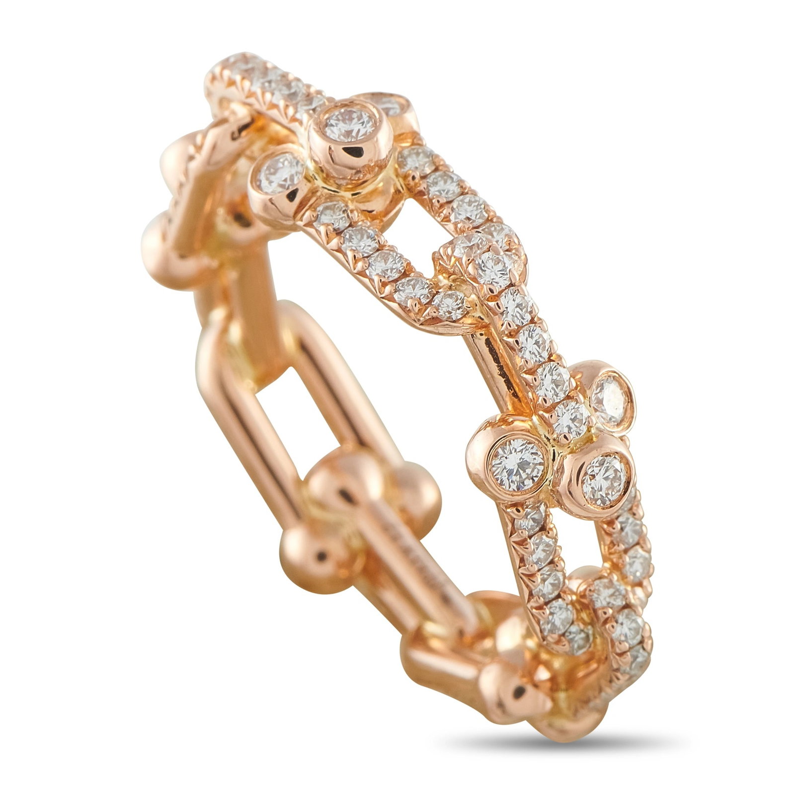 Tiffany & CO. HardWear 18K Rose Gold 1.32ct Diamond Band: From Tiffany & Co.’s bold and instantly recognizable Hardwear collection, this 18K rose gold ring reinterprets industrial chain-link aesthetics through the lens of fine jewelry design. The continuou