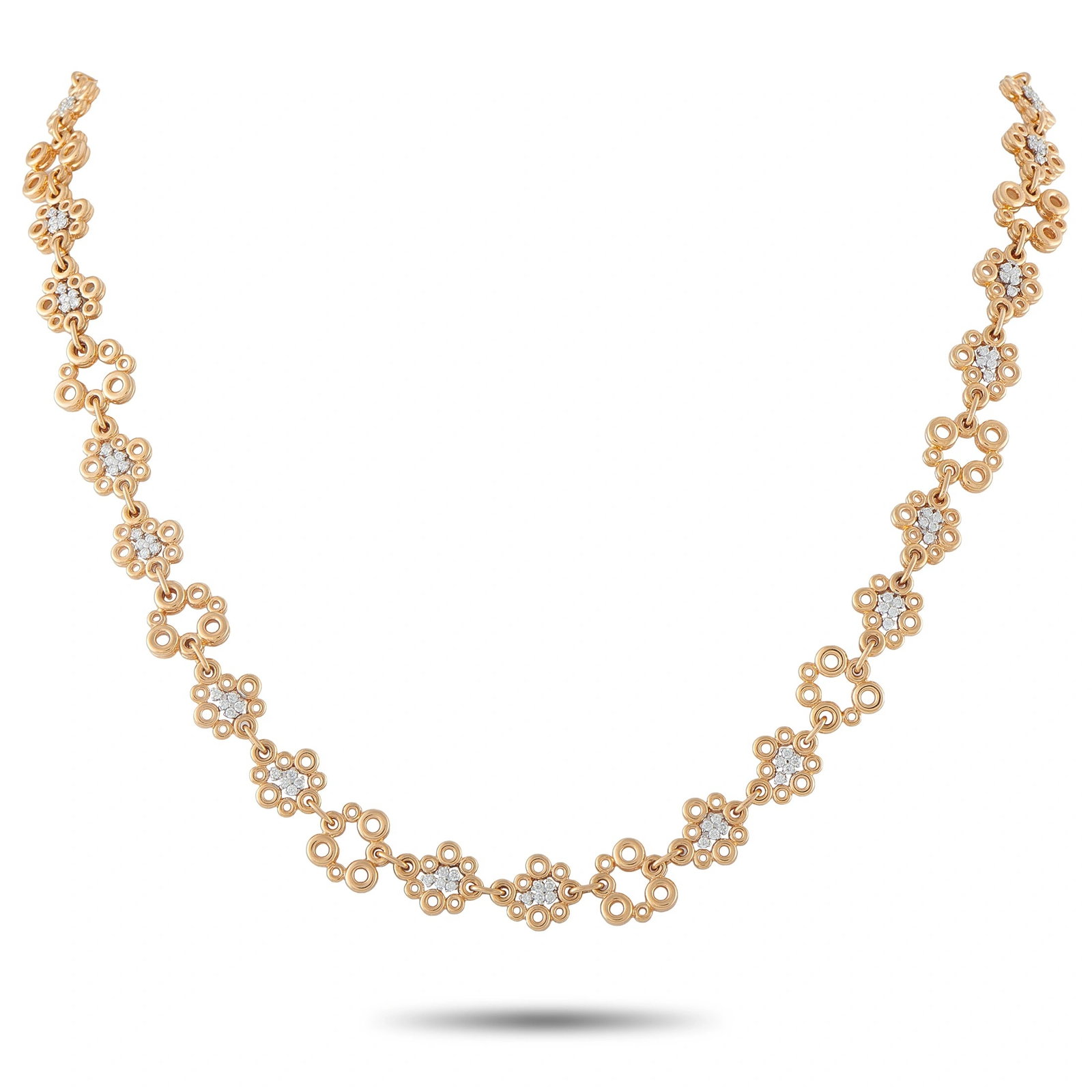 Roberto Coin 18K Rose Gold 1.05ct Diamond Necklace: A delicate design makes this Roberto Coin necklace an effortless addition to any ensemble. This luxury piece perfectly pairs circular motifs with sparkling Diamonds totaling 1.05 carats – the result