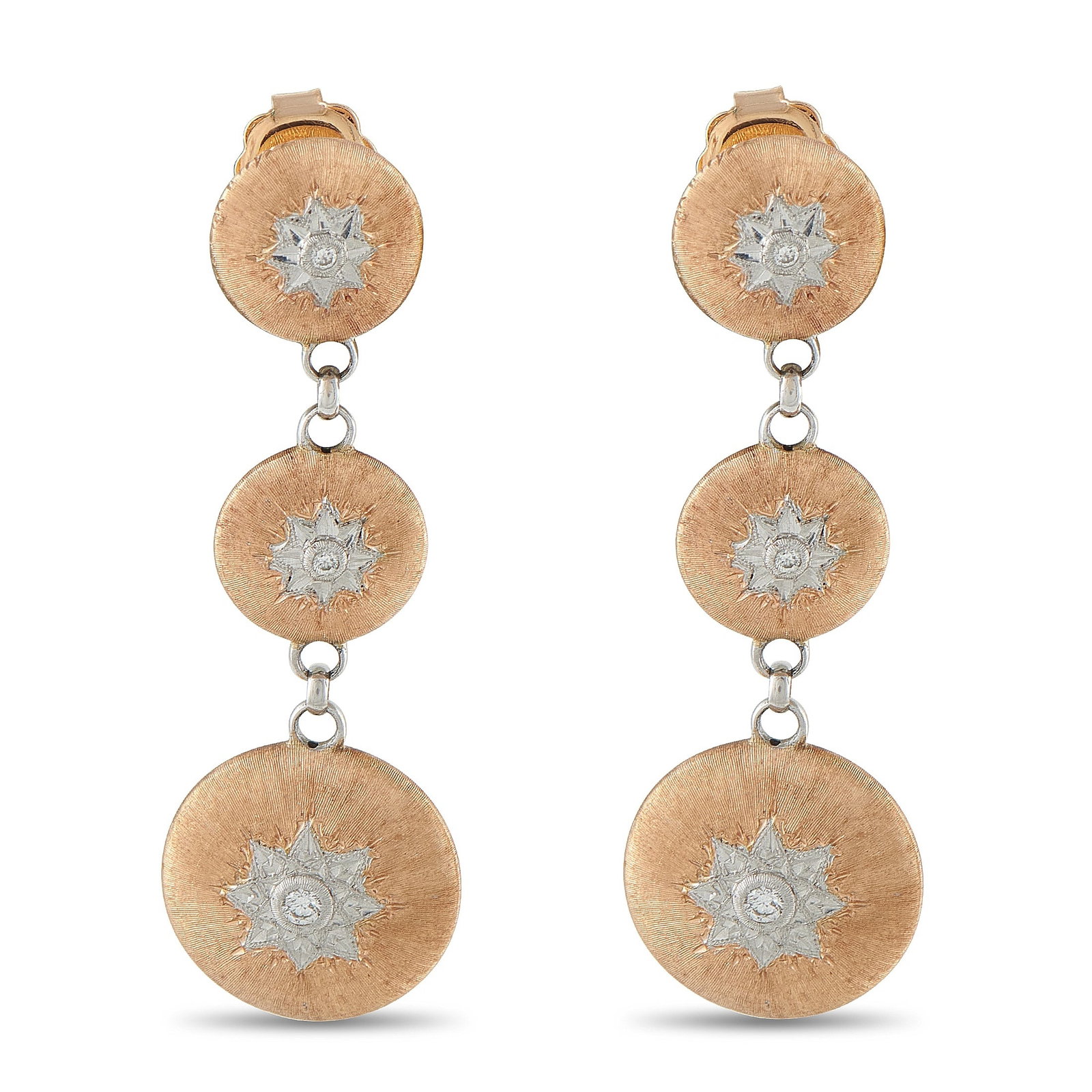 Buccellati Macri 18K Rose Gold Graduating Disc Drop Earrings: Elegant Buccellati Macri 18K rose gold drop earrings showcasing the Italian house’s iconic satin-finished gold craftsmanship. Each earring features three graduating circular discs linked by polished