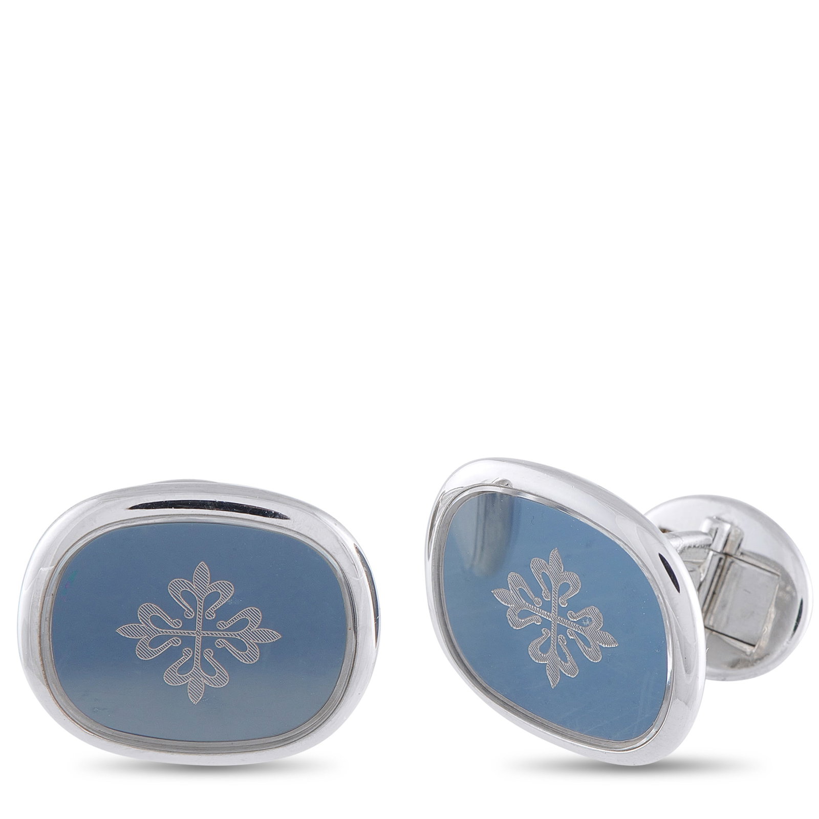 Patek Philippe 18K White Gold Calatrava Cross Cufflinks: These Patek Philippe cufflinks are undeniably sophisticated. At the center of the 18K White Gold setting, you’ll find the brand’s iconic Calatrava Cross in a field of blue. Each one measures 0.75&