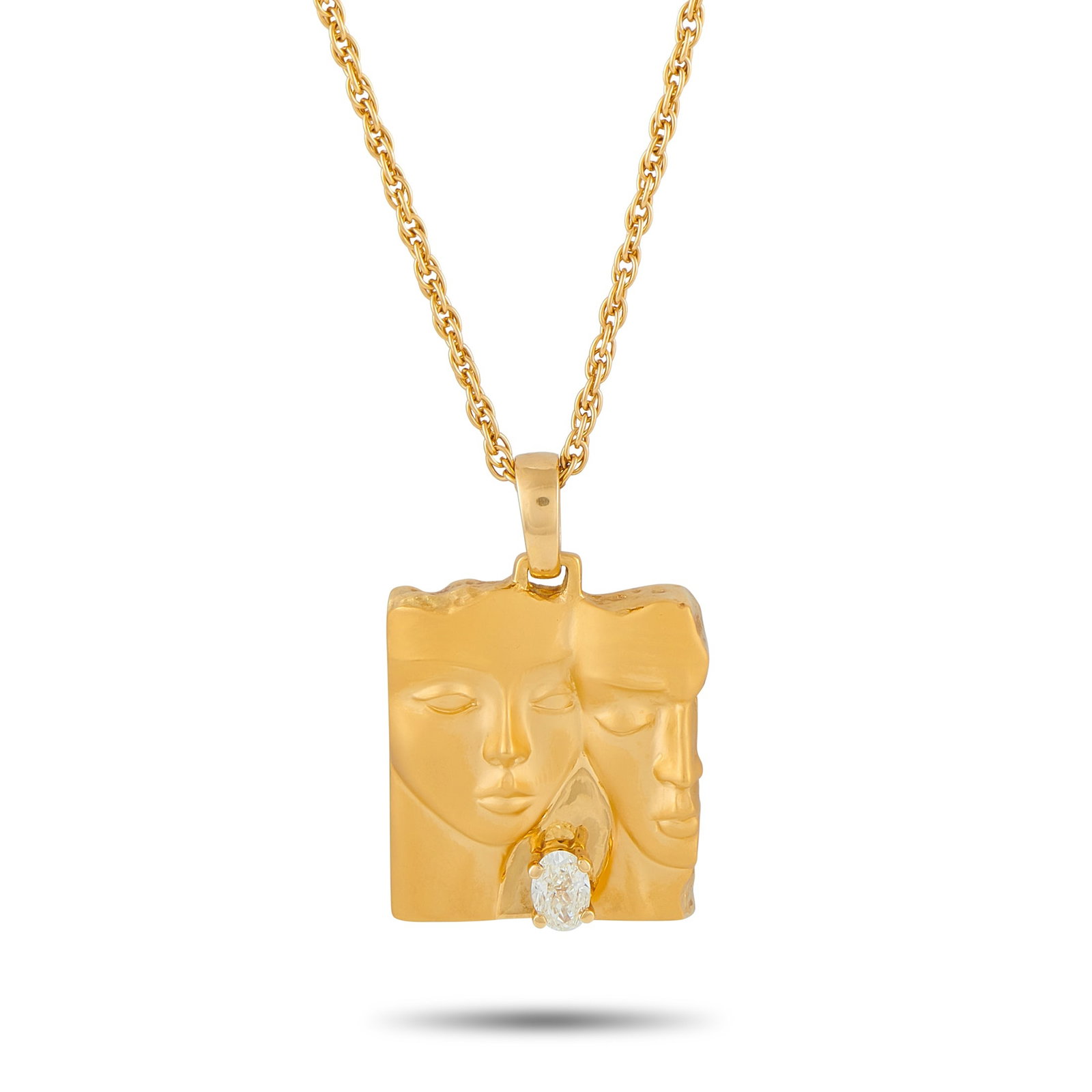 Carrera Y Carrera 18K Yellow Gold 0.50ct Diamond Pendant: This Carrera Y Carrera necklace is a stylish accessory with artistic flair. A single 0.50 carat Diamond adds contrast to the 18K Yellow Gold pendant, which depicts two human forms. This piece’s pend
