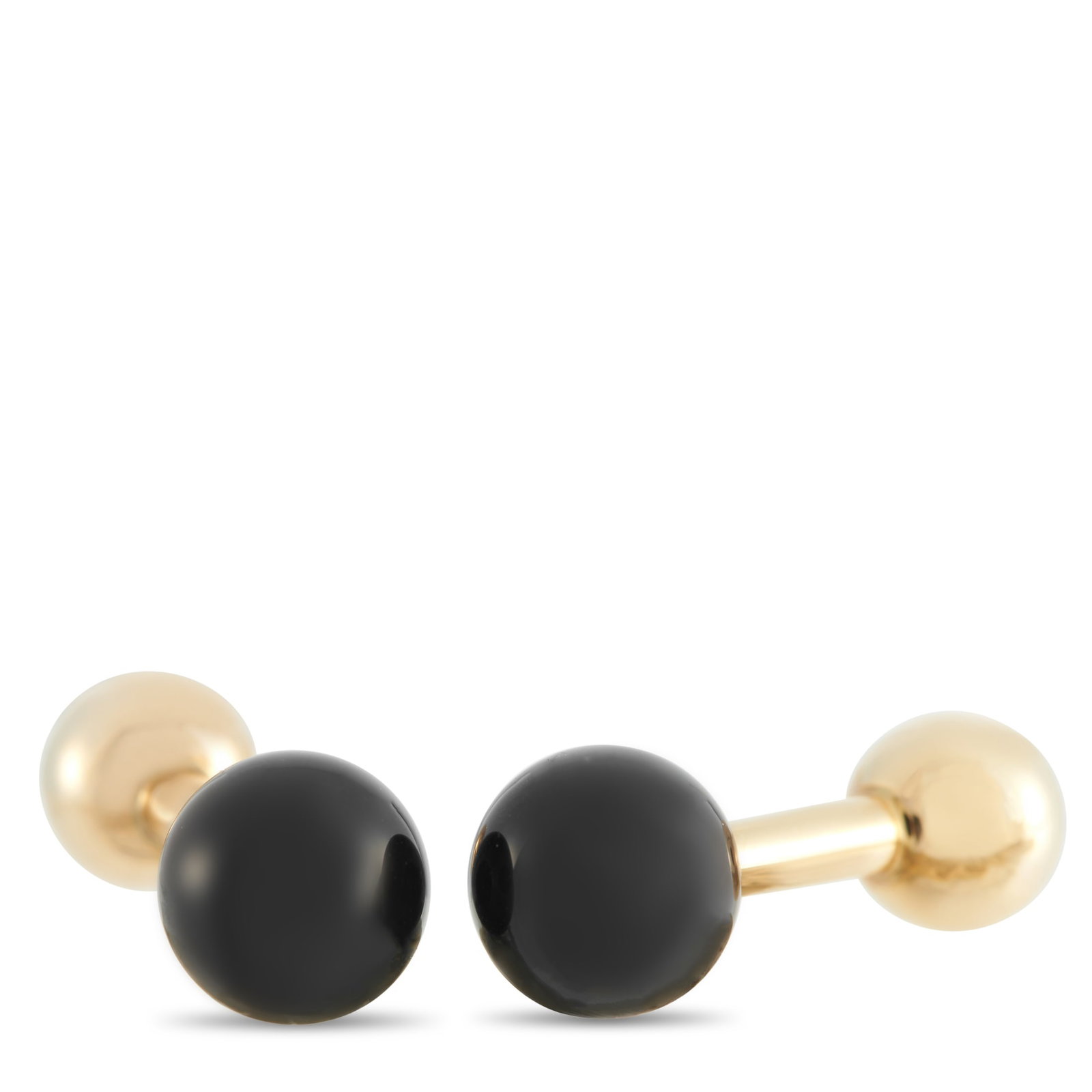 Tiffany & CO. 14K Yellow Gold Onyx Cufflinks: These Tiffany & Co. cufflinks are sleek, sophisticated, and timeless in design. Ideal for wear with any suited ensemble, they pair captivating Onyx orbs with a 14K Yellow Gold setting. Each one measur