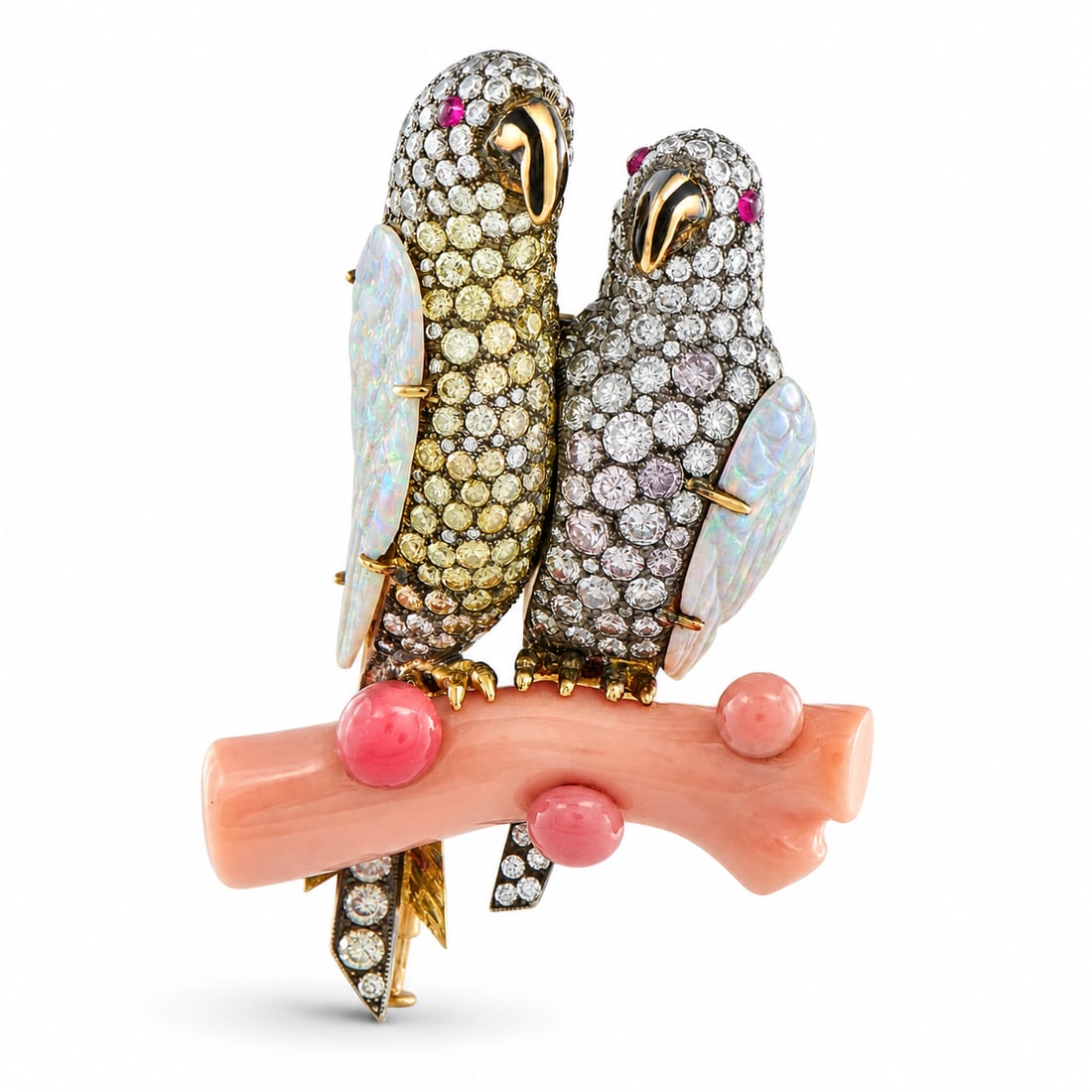 18K Rose Gold 4.20ct Diamond, Opal, and Conch Pearl Lovebirds Brooch: 18K Rose Gold and Sterling Silver 4.20ct Diamond, Opal, and Conch Pearl Lovebirds Brooch This whimsical brooch is crafted in 18K rose gold and sterling silver, depicting a pair of lovebirds pave-set w