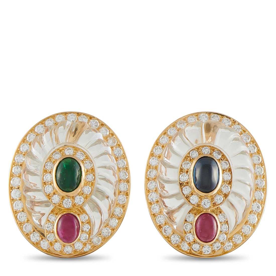 Boucheron 18K Yellow Gold Diamond Crystal Ruby Emerald Oval Clip Earrings (1 of 4)