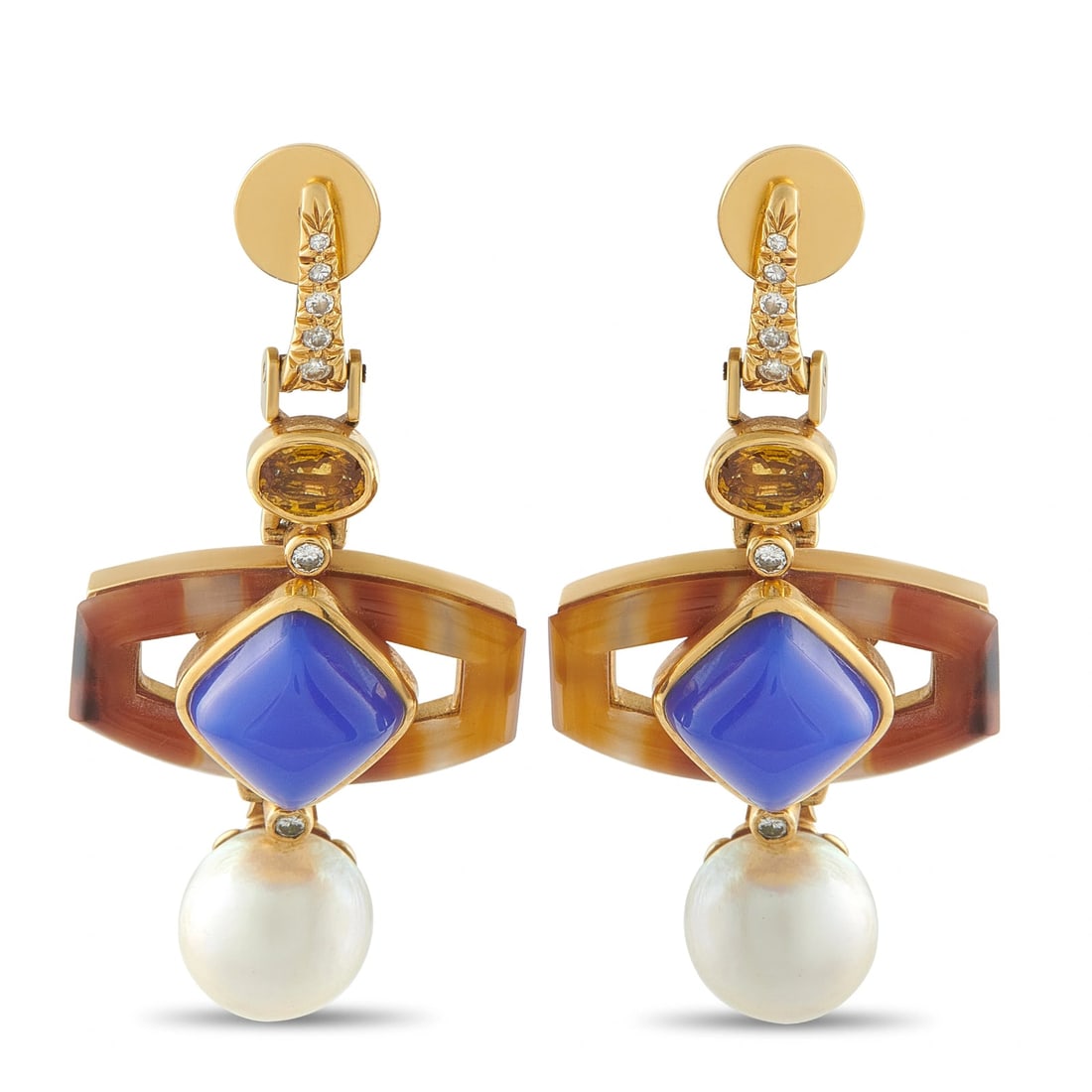 18K Yellow Gold 0.28ct Diamond, Pearl, Tourmaline, Agate, and Chalcedony Drop Earrings (1 of 3)
