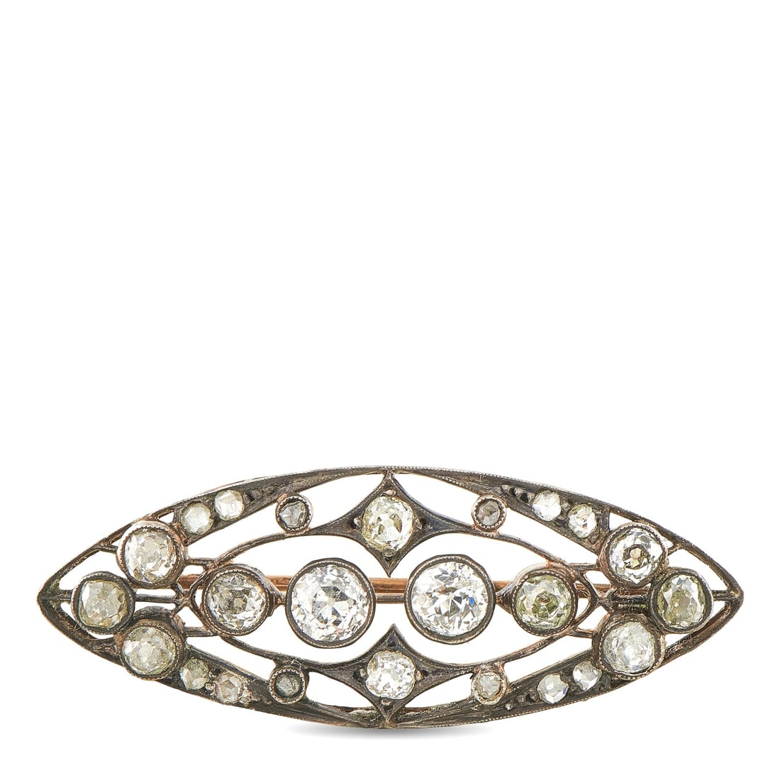 Antique 14K Rose Gold and Silver Diamond Navette Brooch: A superb antique 14K rose gold and silver navette diamond brooch in the Edwardian tradition, set with approximately 2.20 carats of diamonds in an elongated marquise-form silhouette. The open latticewo