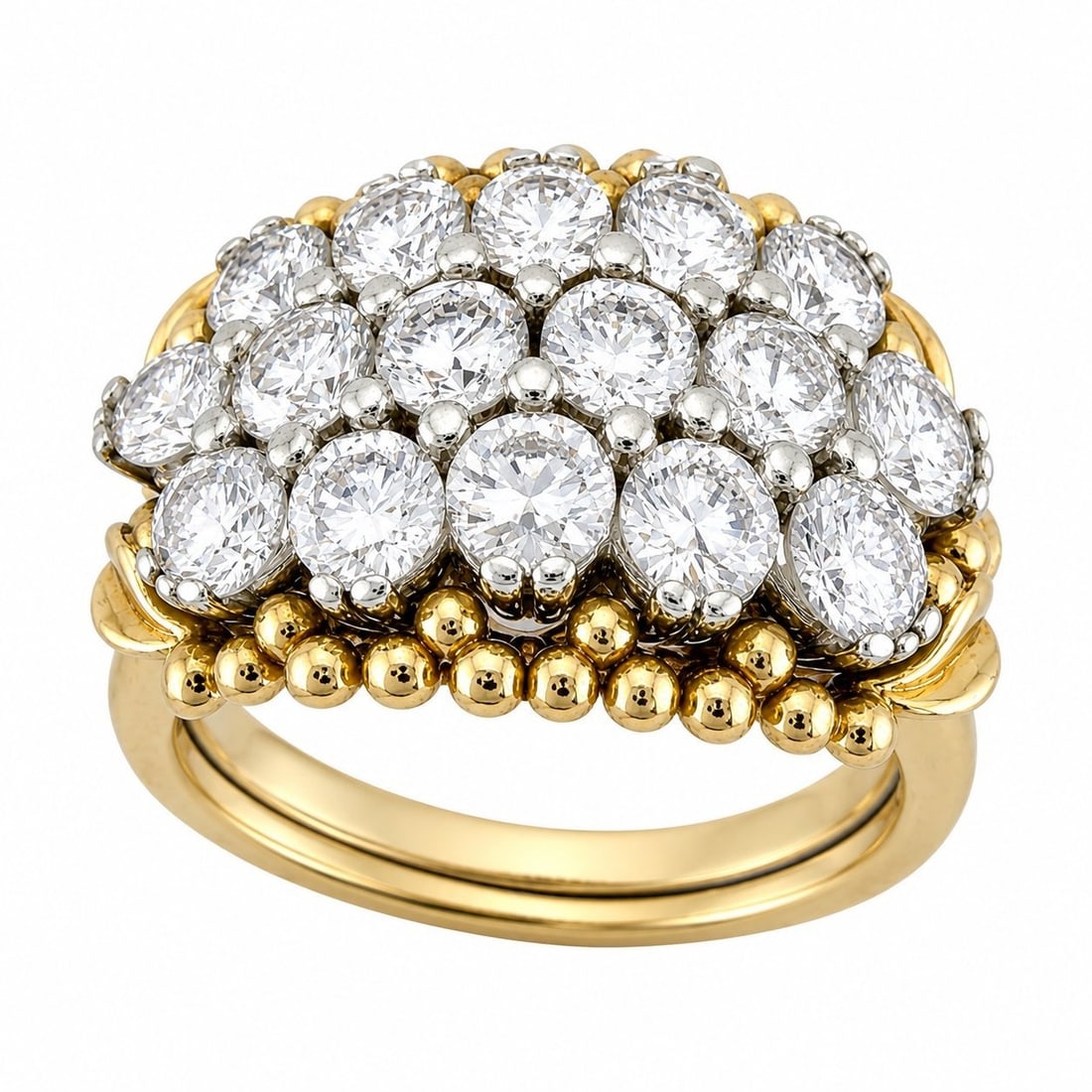 14K White and Yellow Gold 2.0ct Diamond Cluster Ring: 14K White and Yellow Gold 1.60ct Diamond Cluster Ring This 14K white and yellow gold ring features a cluster design set with sixteen round diamonds. The two tone gold construction gives the piece