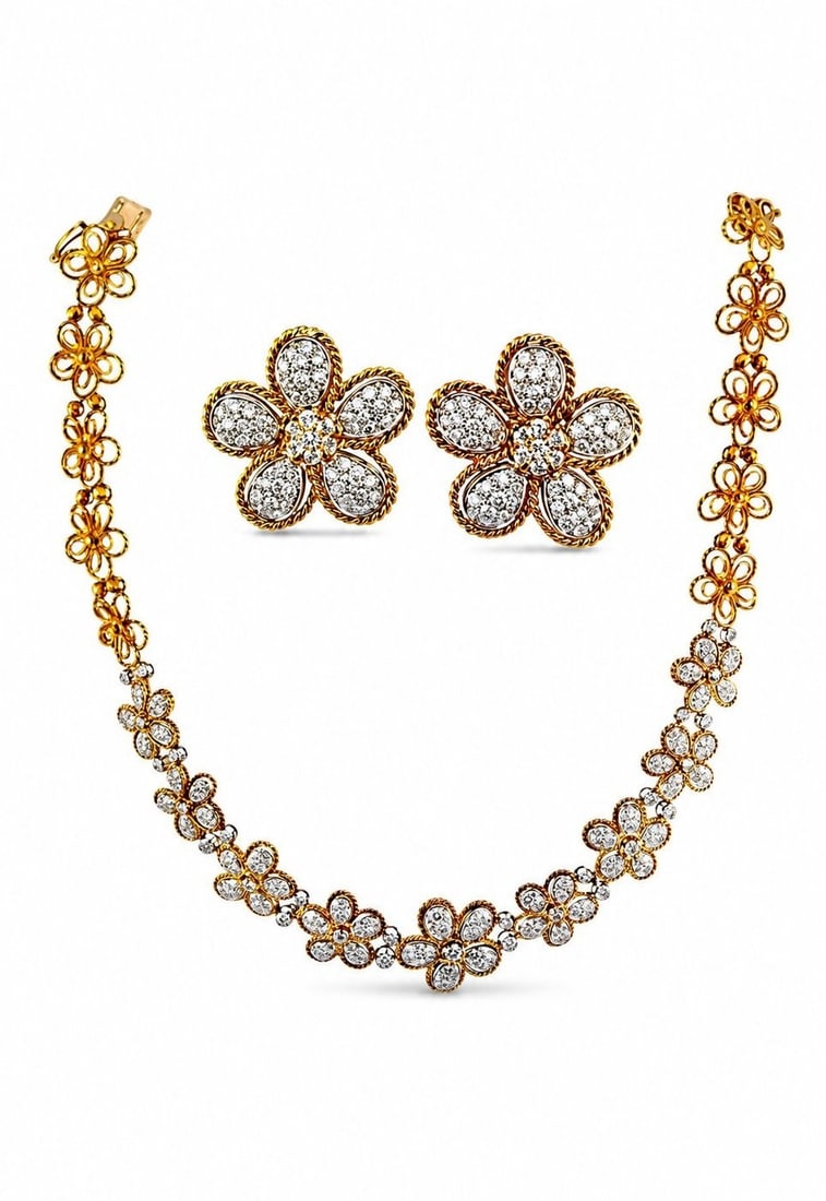 18K Yellow Gold 7.5ct Diamond Sunflower Necklace and Earrings Set