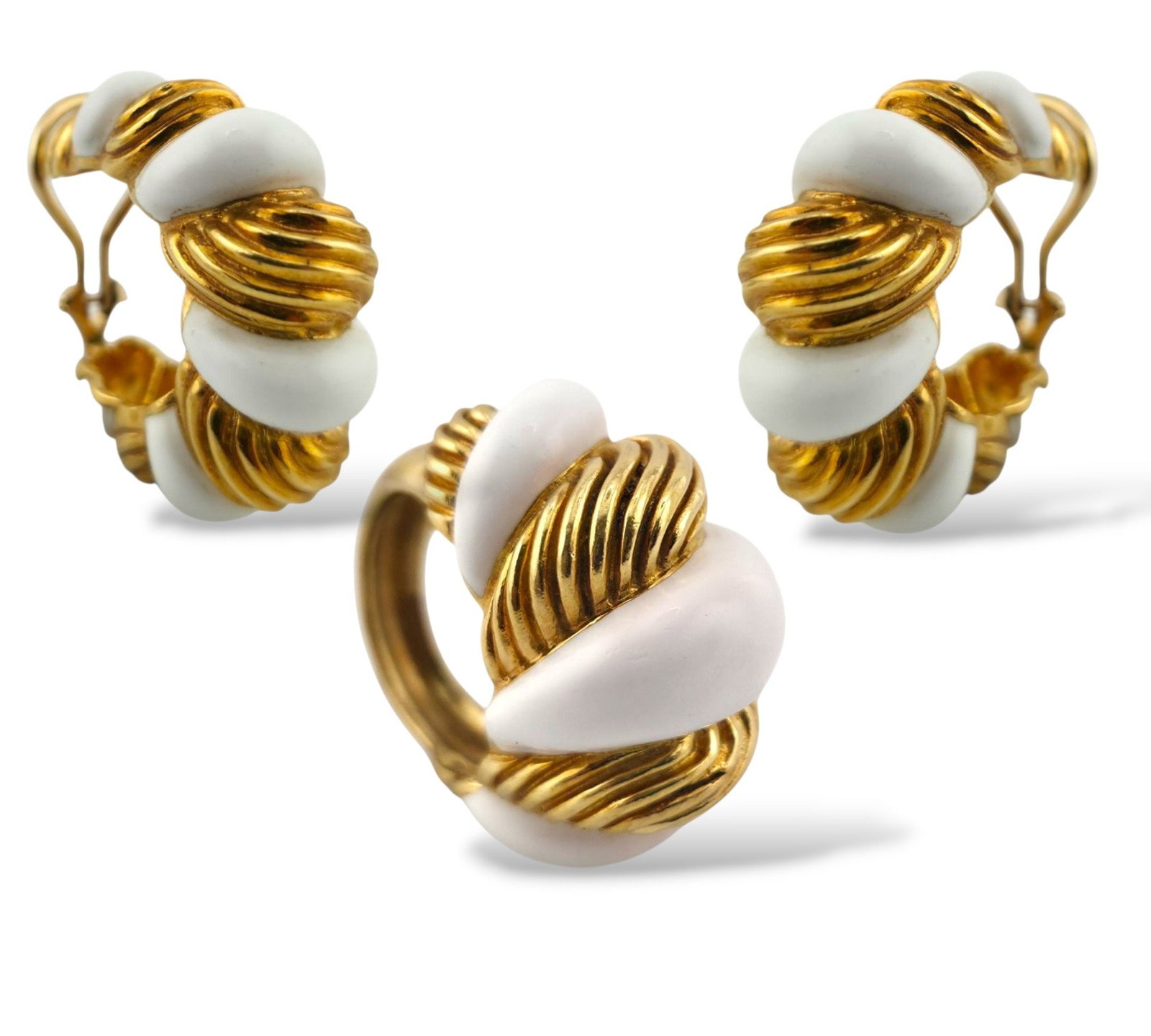 18K Gold Ring and Earrings Set: 18K Gold Ring and Earrings Set, Large 64.0 Grams A Striking 18K Gold and White Ceramic Set This luxurious ring and earrings set showcases a bold yet refined design crafted from solid 18K yellow gold a