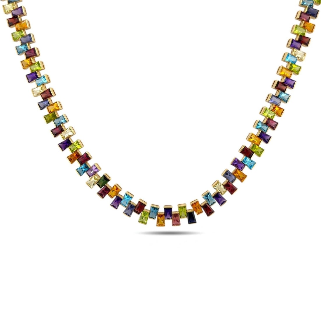 Rainbow 14K Yellow Gold 117.5ct Multi-Gemstone Necklace: Rainbow 14K Yellow Gold 117.5ct Multi-Gemstone Necklace A stunning 14K yellow gold necklace showcasing a vibrant collection of 96 natural gemstones, each selected for its brilliance and harmonious col