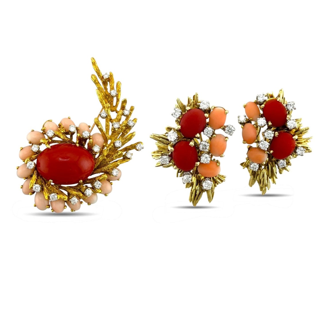 18K Yellow Gold Coral and 6.45ct Diamond Brooch and Earring Set (1 of 13)
