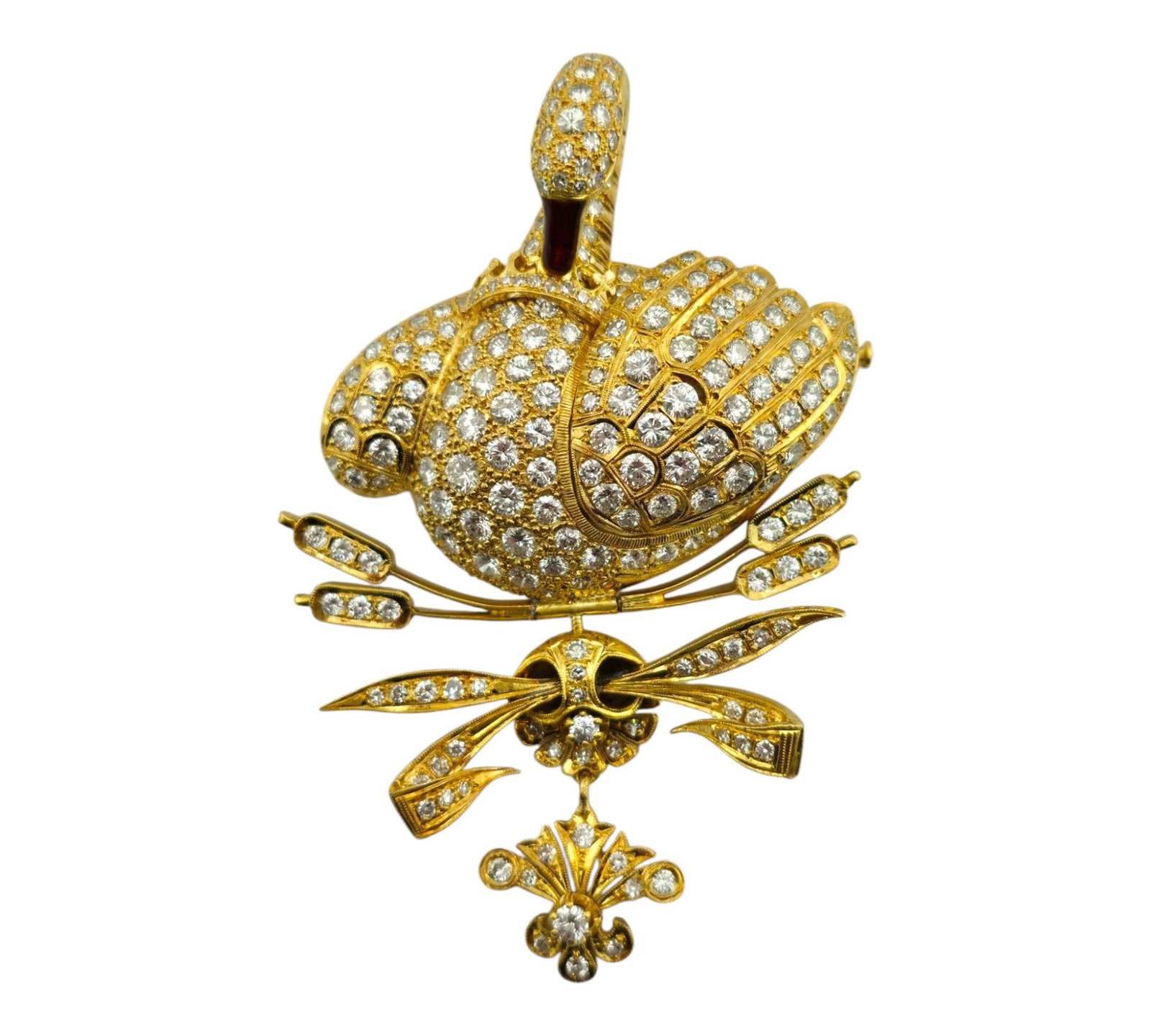 18K Yellow Gold Diamond Encrusted Swan Brooch 8ct: 18K Yellow Gold Diamond-Encrusted Swan Brooch Gracefully sculpted in luminous 18K yellow gold, this exquisite brooch captures the elegance of a swan, its form adorned with a shimmering array of diamon