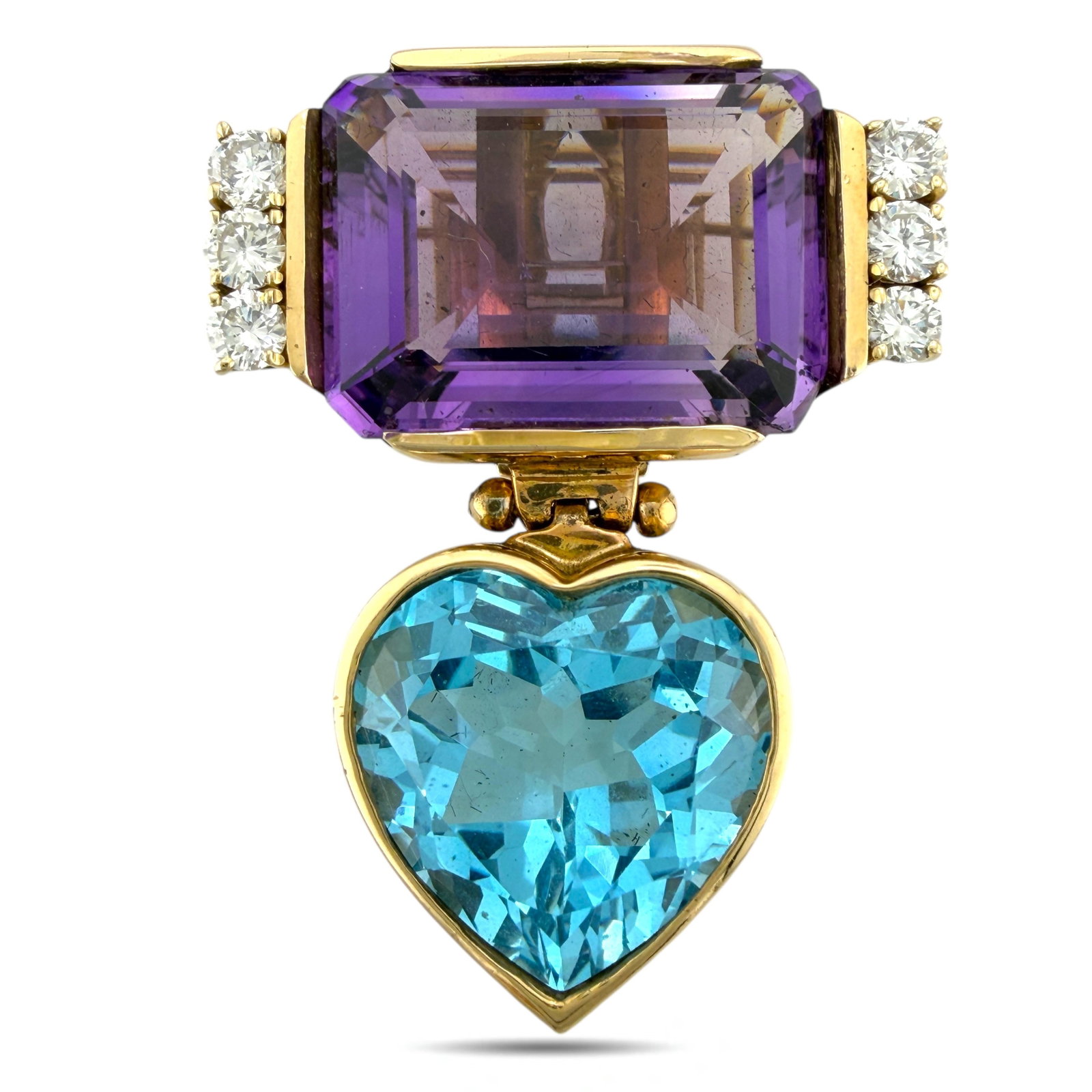 14K Yellow Gold 9.25ct Amethyst, 19.5ct Topaz and 1.5ct Diamond Convertible Brooch: 14K Yellow Gold 9.25ct Amethyst, 19.5ct Topaz and 1.5ct Diamond Convertible Brooch Pendant An elegant convertible jewel crafted in 14K yellow gold, designed to be worn as both a brooch and a pendant. 