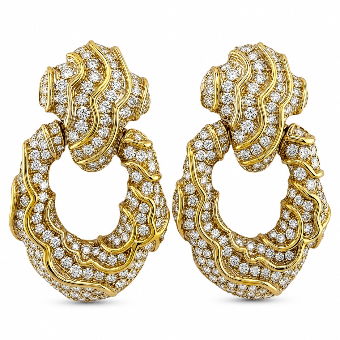 18K Yellow Gold 9.5ct Diamond Wavy Large Earrings: Pair of 18K Yellow Gold Diamond Wavy Earrings An extraordinary pair of earrings crafted in solid 18K yellow gold, showcasing a bold and fluid wavy design that reflects light with graceful movement. Se