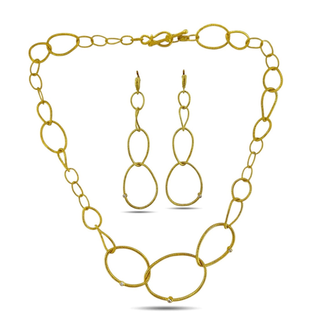 Judith Ripka 18K Yellow Gold 0.25ct Diamond Necklace and Earrings Set: Judith Ripka 18K Yellow Gold 0.25ct Diamond Necklace and Earrings Set This Judith Ripka set is crafted in 18K yellow gold and includes a matching necklace and pair of earrings. The necklace features t