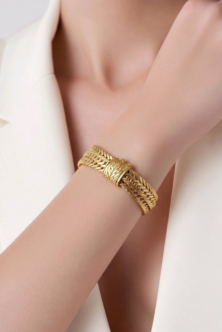 18K Yellow Gold Interwoven Three Band Bracelet: 18K Yellow Gold Interwoven Three Band Bracelet A beautifully designed bracelets crafted in 18 karat yellow Gold, featuring three separate interwoven bands that come together at the end pieces in an