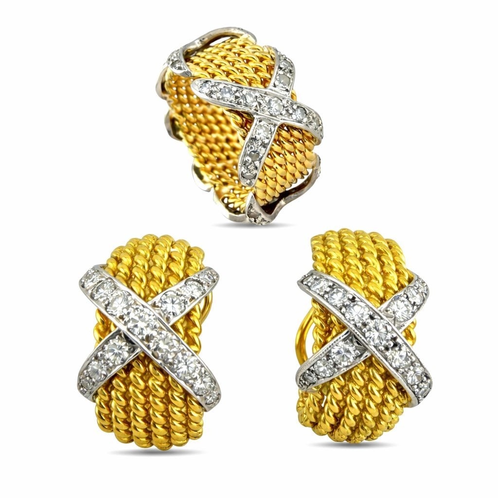 18K Yellow Gold and Platinum 1.53ct Diamond Earring and Ring Set (1 of 9)