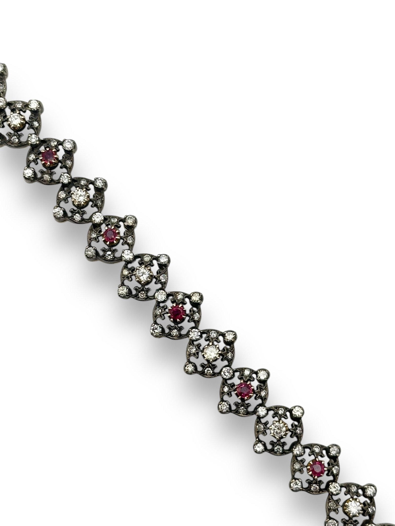 Antique 14K Gold and Diamond Women's Bracelet 3.57ct: Very Unique Antique 14k Gold and Diamond Women's Bracelet 3.57 Carats Period: 1940 Material: 14K Gold Weight: 24 Grams Diamonds: 3mm-1.5mm Natural Diamonds, 126 Diamonds. Total 3.57 Carats Rubies: 2.8