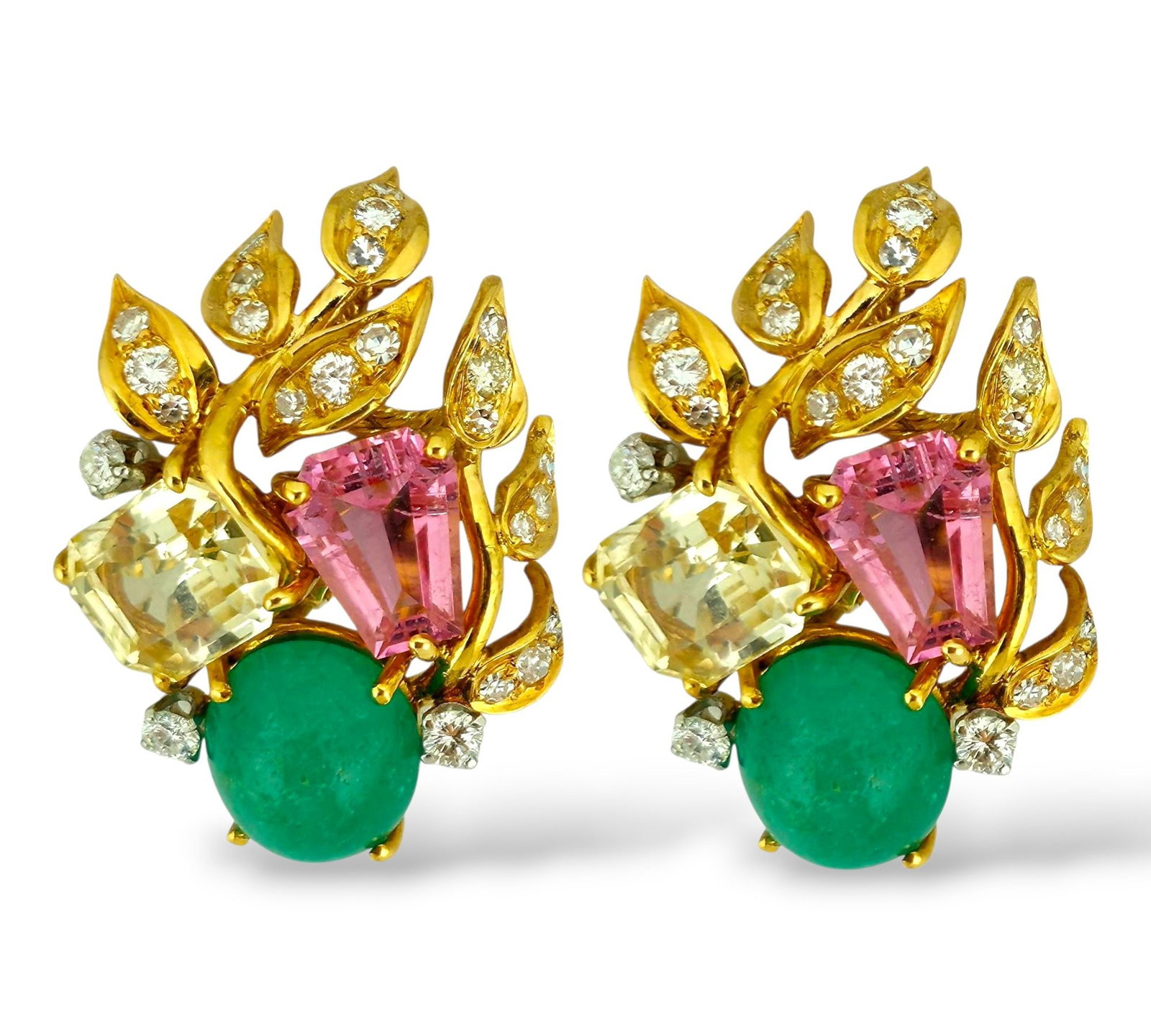 David Webb 18K Yellow Gold Emerald and Tourmaline Earrings 13.18ct: David Webb 18k Yellow Gold Emerald and Tourmaline Earrings 13.18Ct. An exceptional and vibrant creation by David Webb, renowned for his bold color combinations and distinctive craftsmanship. This impr