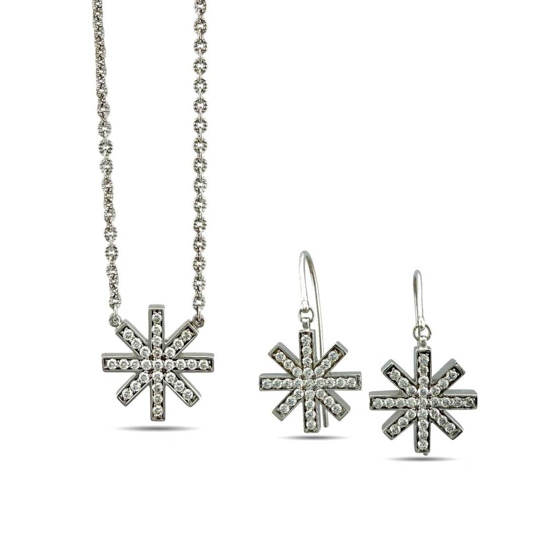 Hami 18K White Gold 1.31ct Diamond Star Necklace and Earring Set: 18K White Gold 1.31ct Diamond Star Necklace and Earring Set This refined set features a radiant star-inspired design crafted in 18 karat white gold, with each piece showcasing elongated points fully e
