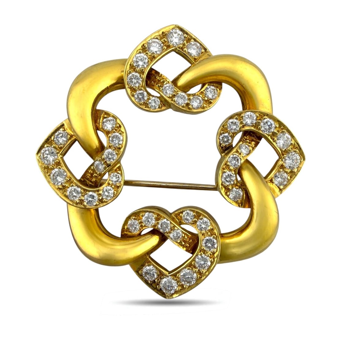 14K Yellow Gold 1.5ct Diamond Interlocking Heart Brooch: 14K Yellow Gold 1.5ct Diamond Interlocking Heart Brooch A beautifully designed brooch crafted in rich 14 karat yellow gold, featuring interlocking heart silhouettes symbolizing unity and elegance. The