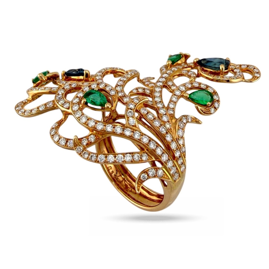 18K Rose Gold 1.92ct Diamond, Emerald and Blue Sapphire Branch Ring: 18K Rose Gold 1.92ct Diamond, Emerald and Blue Sapphire Branch Ring A stunning display of natural elegance, this ring evokes the image of branches bearing precious fruit. Crafted in 18K rose gold and 
