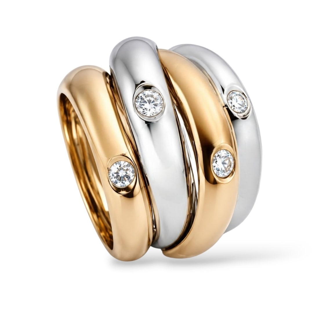 Italian Two Tone 18K Gold and Diamond Ring: Italian Two Tone 18K Gold and Diamond Ring A beautifully designed two-tone ring crafted from 18K rose and white gold, showcasing a harmonious contrast of warm and cool tones. Set with four brilliant d